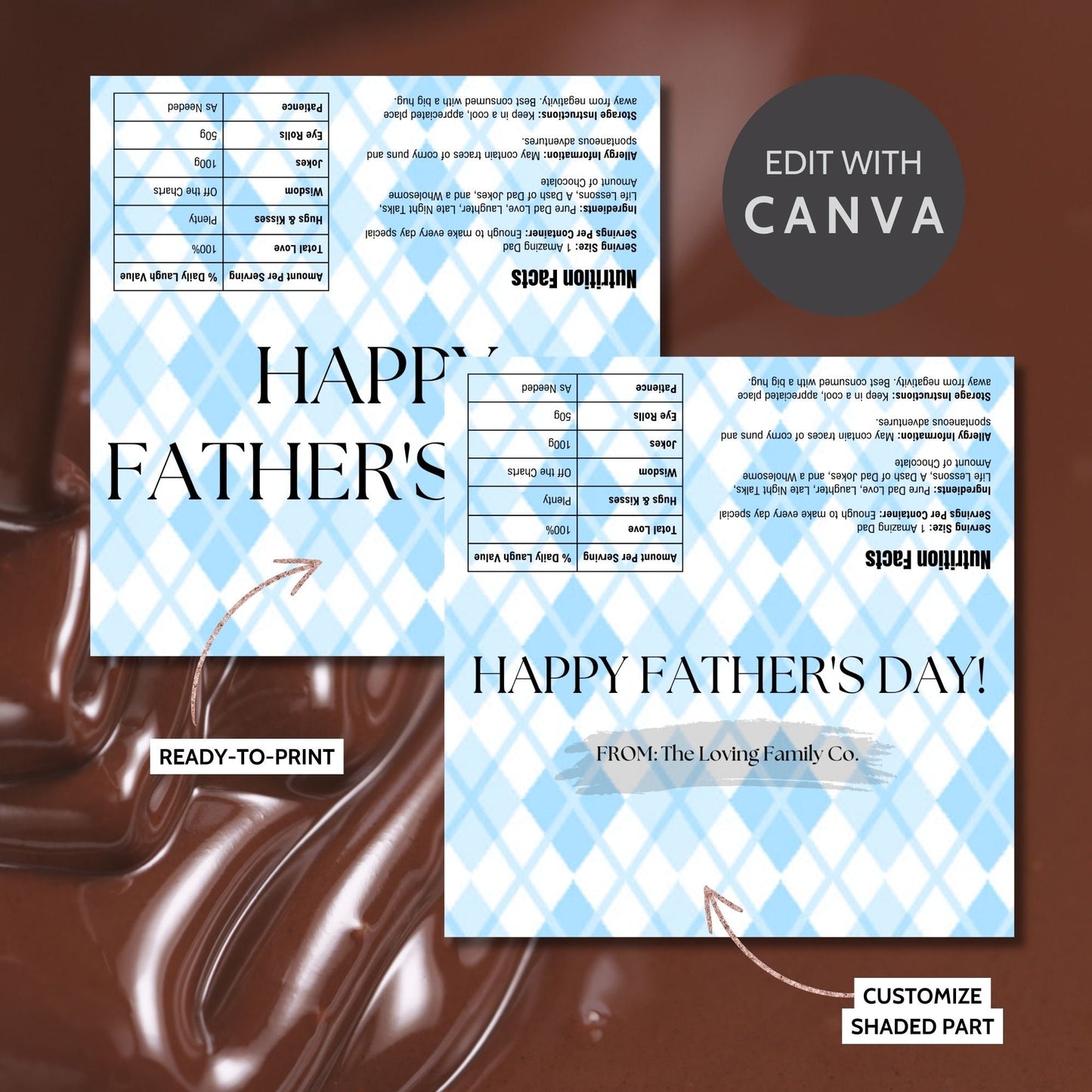 Image of a printable Fathers Day chocolate bar wrapper in a light blue plaid design with the text HAPPY FATHERS DAY! prominently displayed.