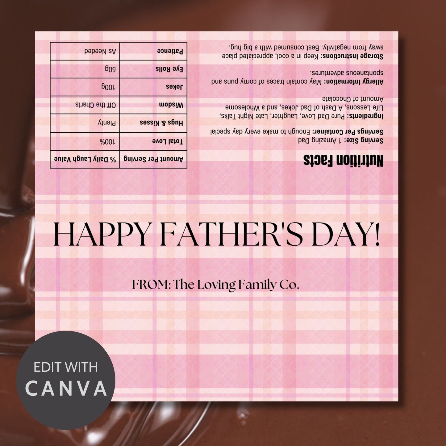 Image of a printable Fathers Day chocolate bar wrapper in a light pink plaid design with HAPPY FATHERS DAY! prominently displayed.