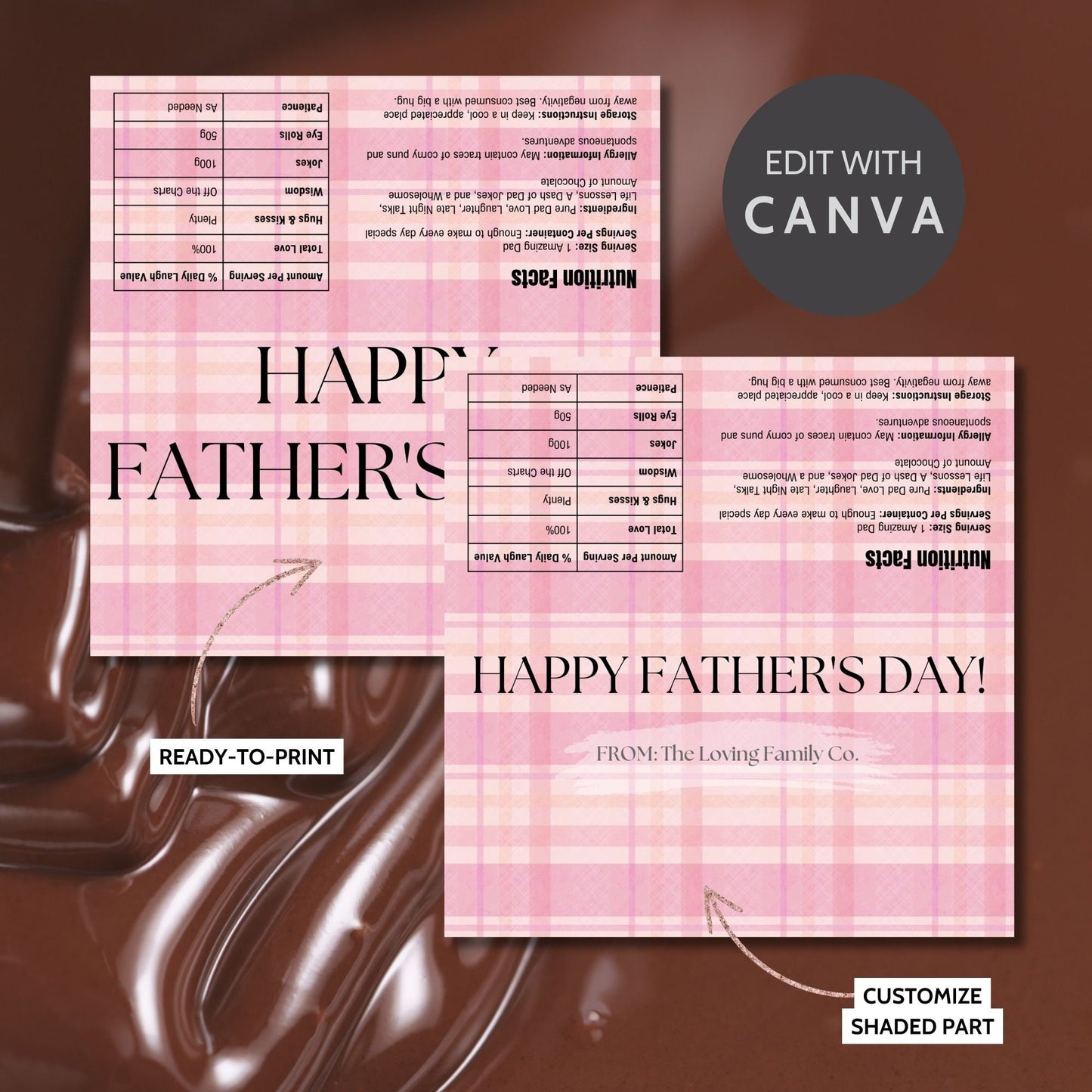 Image of a printable Fathers Day chocolate bar wrapper in a light pink plaid design with HAPPY FATHERS DAY! prominently displayed.