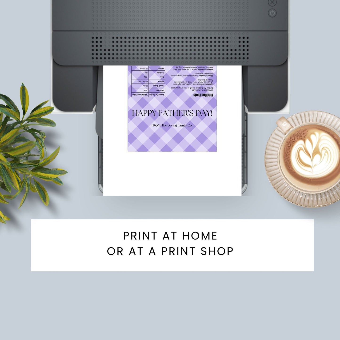 Image of a printable Fathers Day chocolate bar wrapper in a soothing lavender plaid design with the phrase HAPPY FATHERS DAY! prominently displayed.