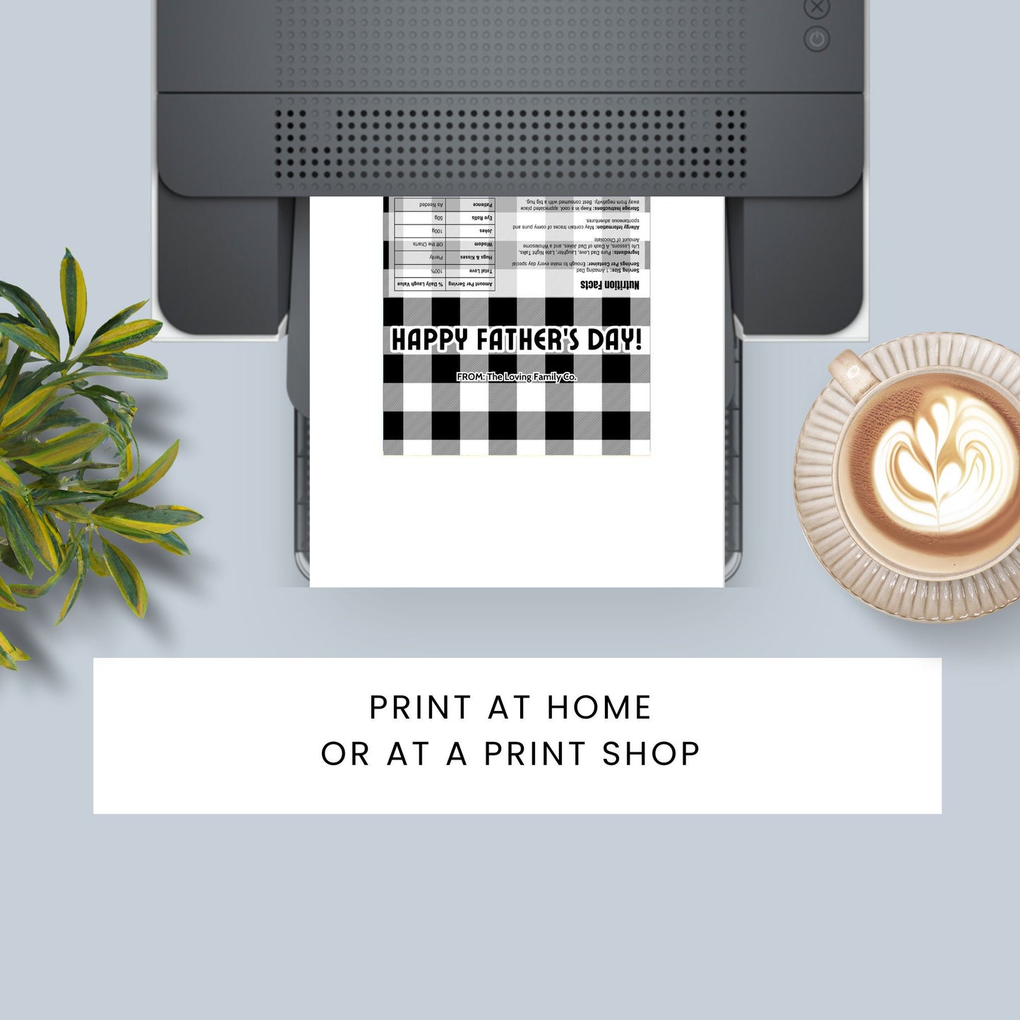 Image of a printable Fathers Day chocolate bar wrapper featuring a sophisticated black and white plaid design with the greeting HAPPY FATHERS DAY! prominently displayed.