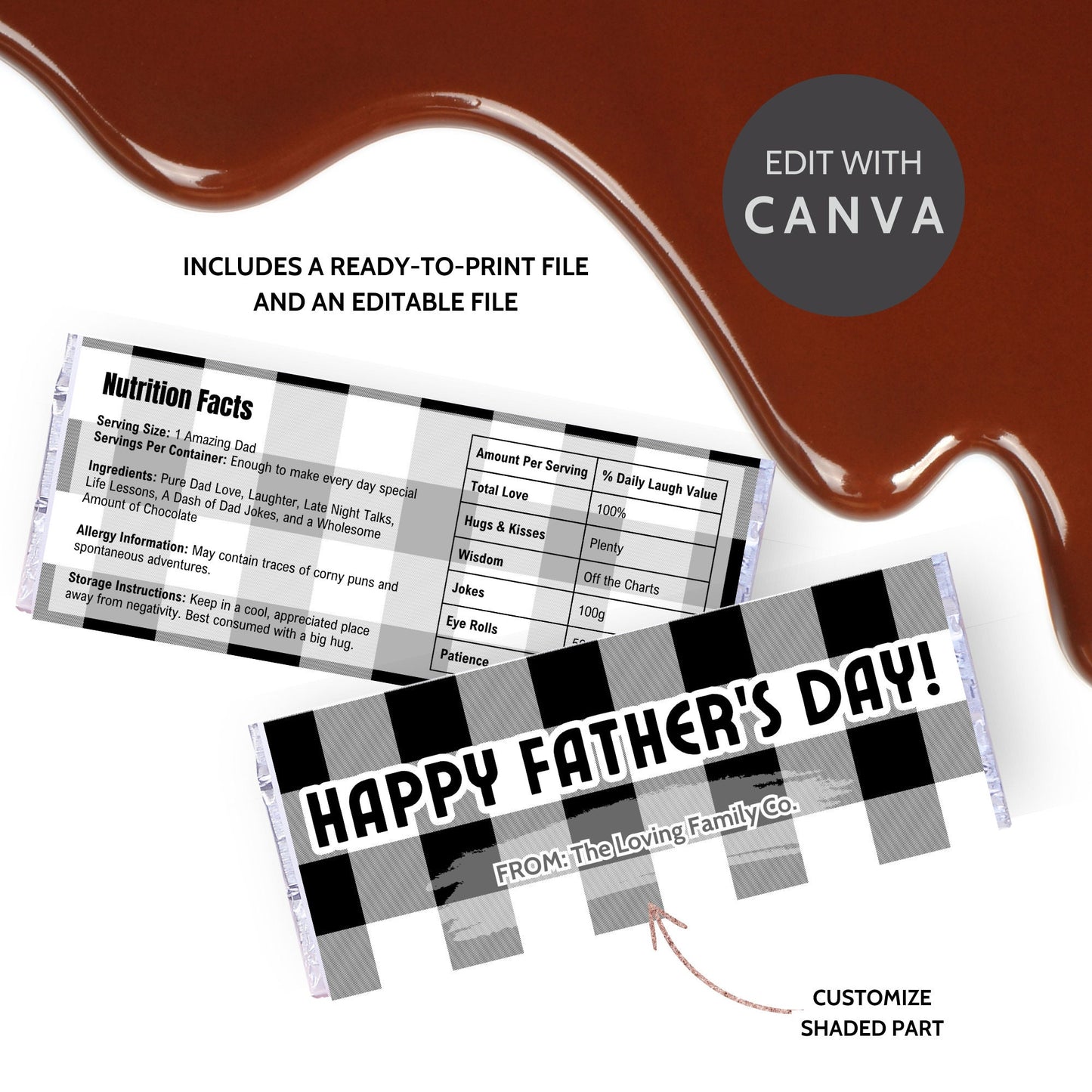 Image of a printable Fathers Day chocolate bar wrapper featuring a sophisticated black and white plaid design with the greeting HAPPY FATHERS DAY! prominently displayed.