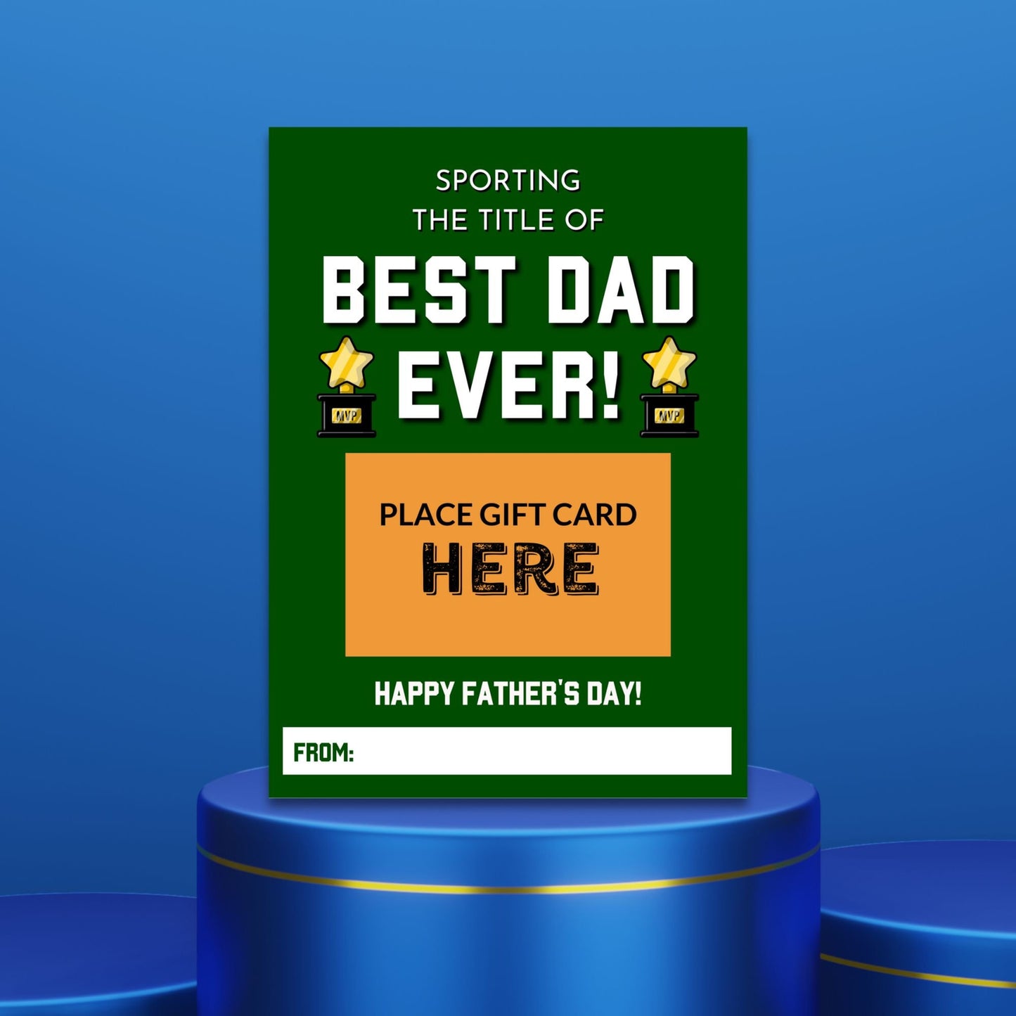 Fathers Day card with a sports theme, featuring the text Sporting the title of BEST DAD EVER! and MVP trophies, ideal for pairing with a Dicks Sporting Goods gift card.