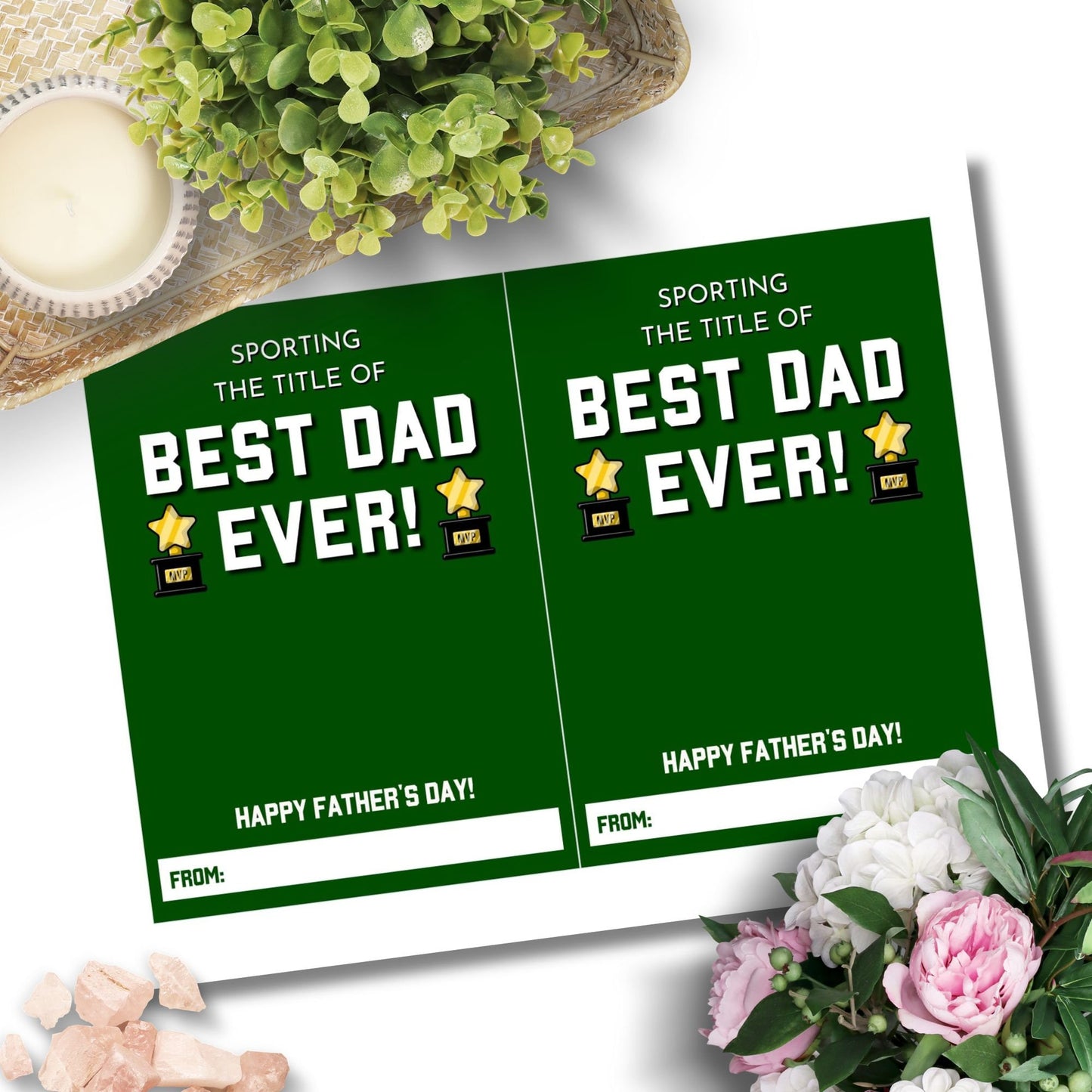 Fathers Day card with a sports theme, featuring the text Sporting the title of BEST DAD EVER! and MVP trophies, ideal for pairing with a Dicks Sporting Goods gift card.