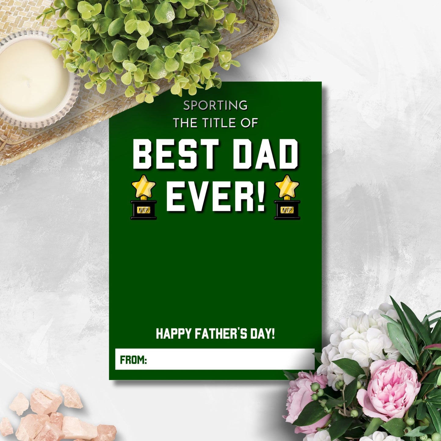 Fathers Day card with a sports theme, featuring the text Sporting the title of BEST DAD EVER! and MVP trophies, ideal for pairing with a Dicks Sporting Goods gift card.