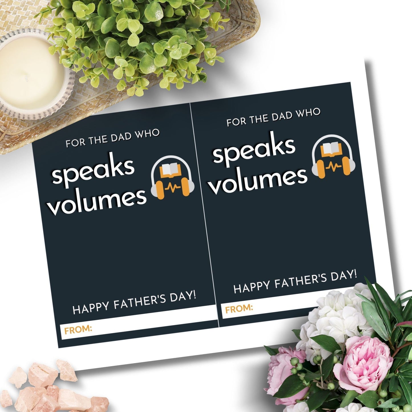 Fathers Day card with a For the dad who speaks volumes message, featuring headphones over a book, ideal for pairing with an Audible gift card.