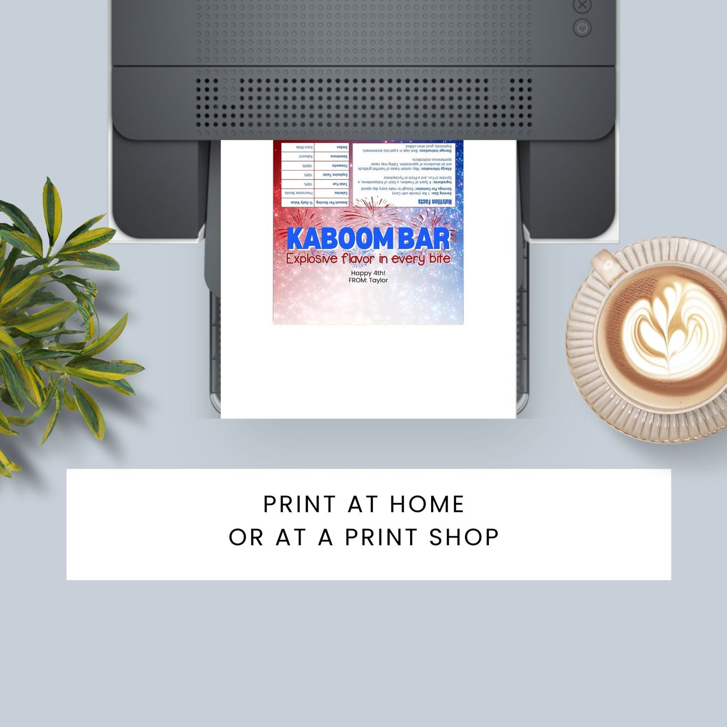 Printable 4th of July chocolate bar wrapper with Kaboom Bar and a fireworks design in red, white, and blue. Includes message Explosive flavor in every bite. Personalizable with Happy 4th!