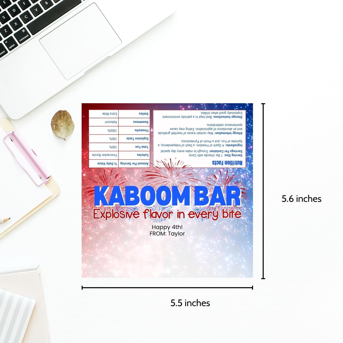 Printable 4th of July chocolate bar wrapper with Kaboom Bar and a fireworks design in red, white, and blue. Includes message Explosive flavor in every bite. Personalizable with Happy 4th!