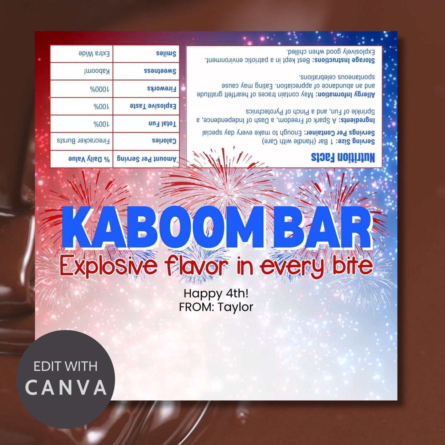 Printable 4th of July chocolate bar wrapper with Kaboom Bar and a fireworks design in red, white, and blue. Includes message Explosive flavor in every bite. Personalizable with Happy 4th!