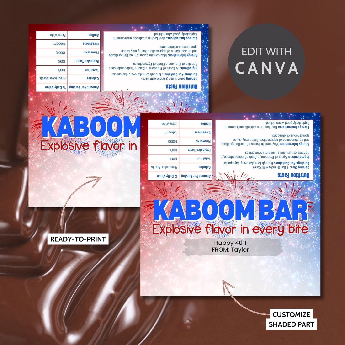 Printable 4th of July chocolate bar wrapper with Kaboom Bar and a fireworks design in red, white, and blue. Includes message Explosive flavor in every bite. Personalizable with Happy 4th!