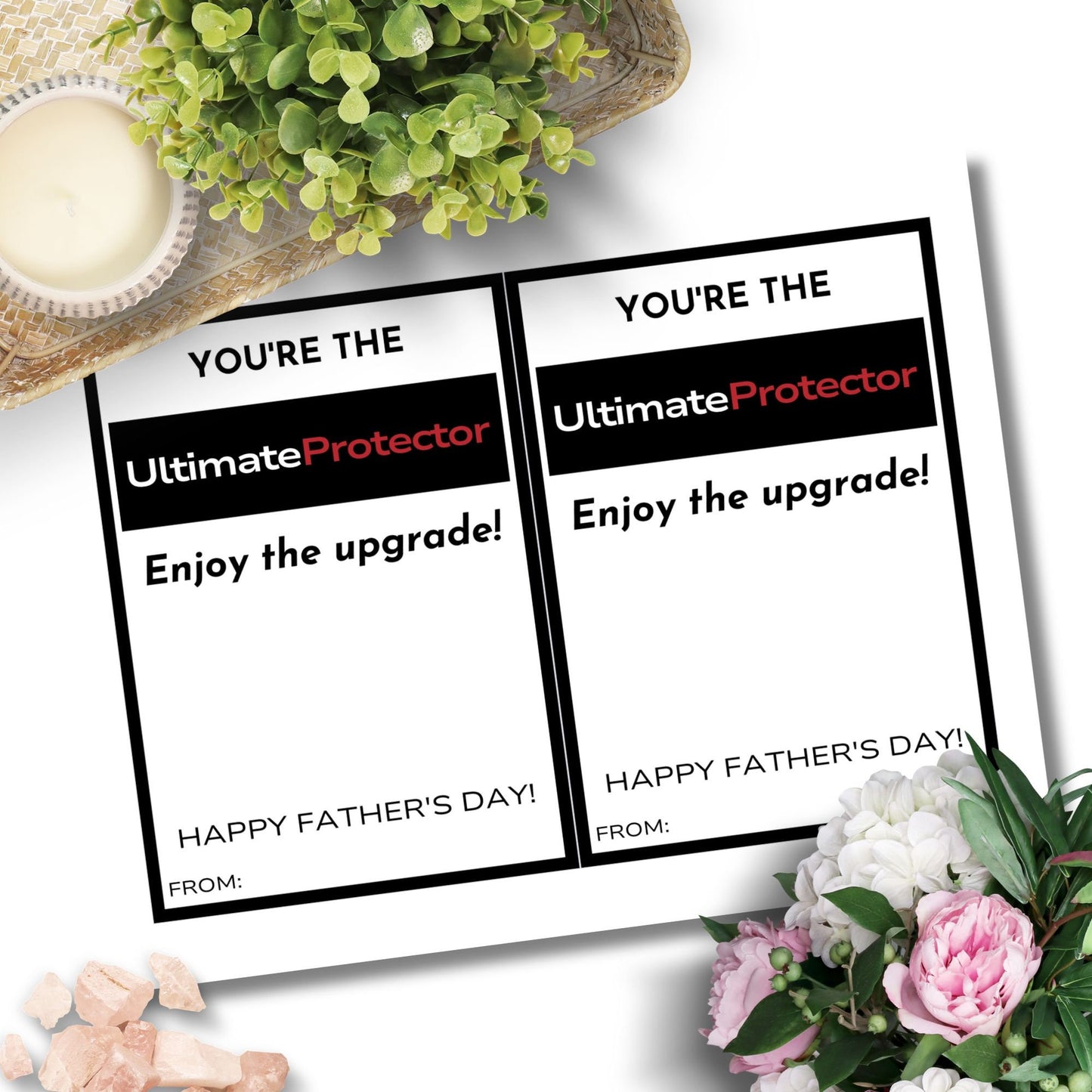 Fathers Day card with Youre the Ultimate Protector! Enjoy the upgrade! message, ideal for pairing with a WeatherTech gift card, emphasizing protection and vehicle care.