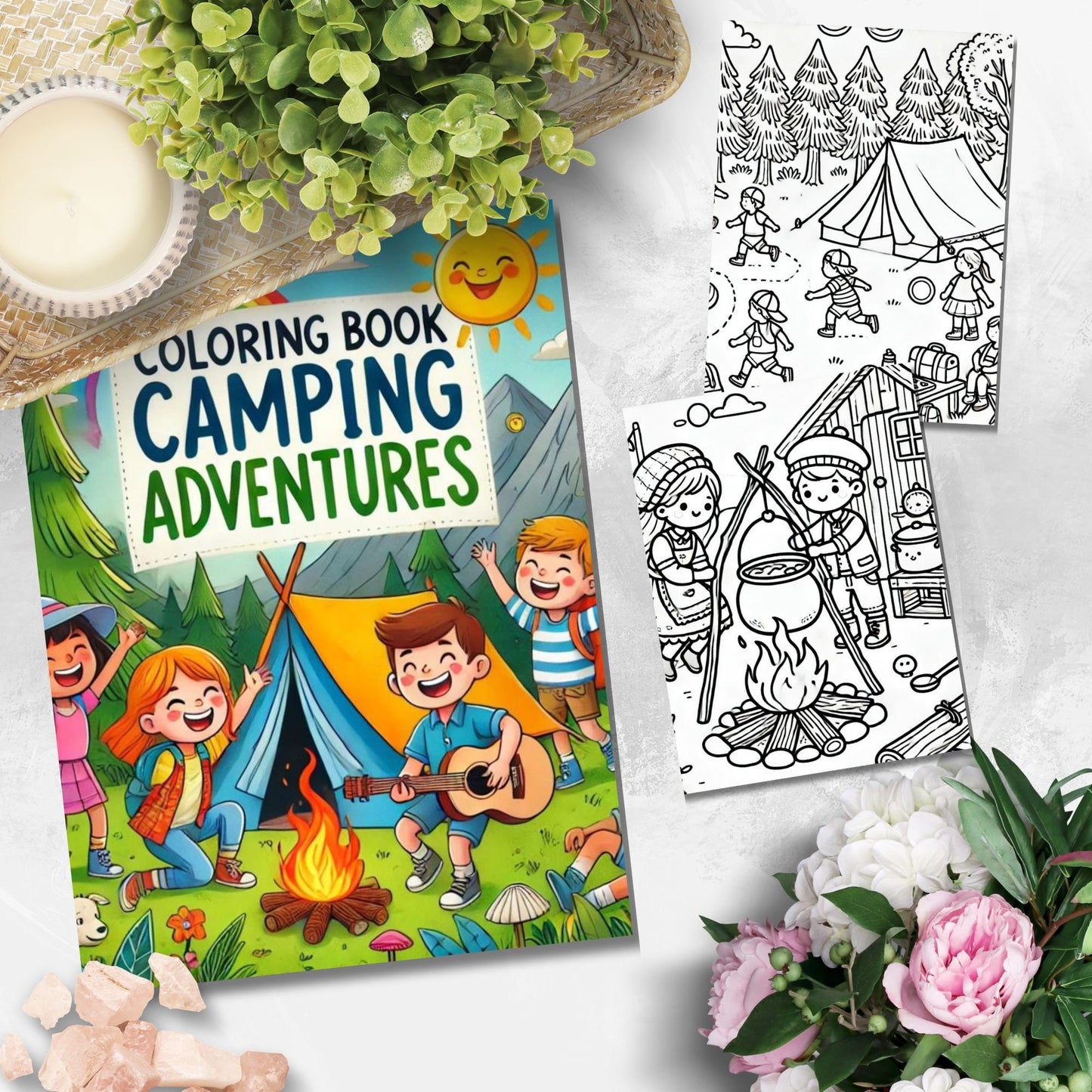 Printable childrens coloring book cover titled Coloring Book Camping Adventures with happy kids enjoying various camping activities, includes 10 pages.