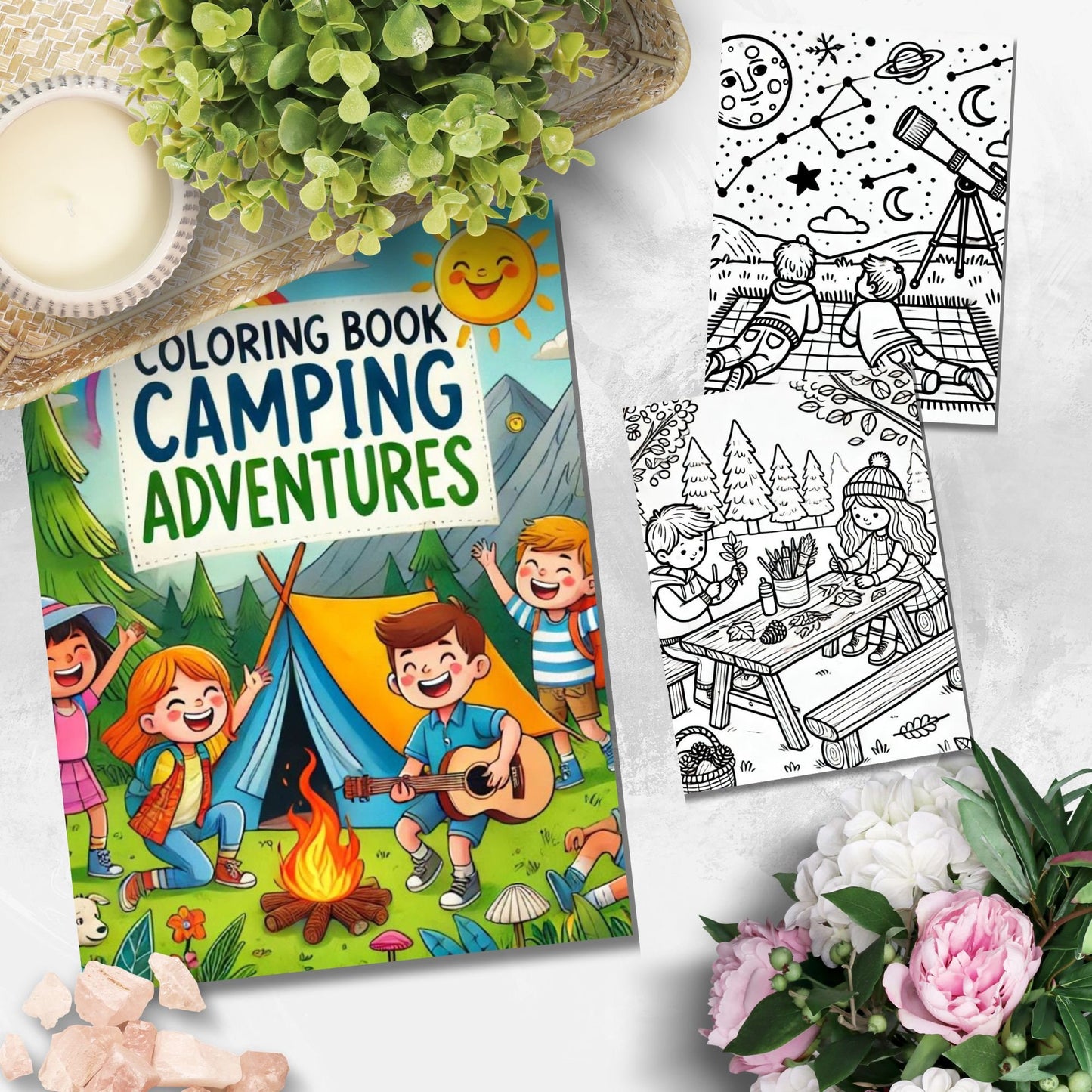 Printable childrens coloring book cover titled Coloring Book Camping Adventures with happy kids enjoying various camping activities, includes 10 pages.