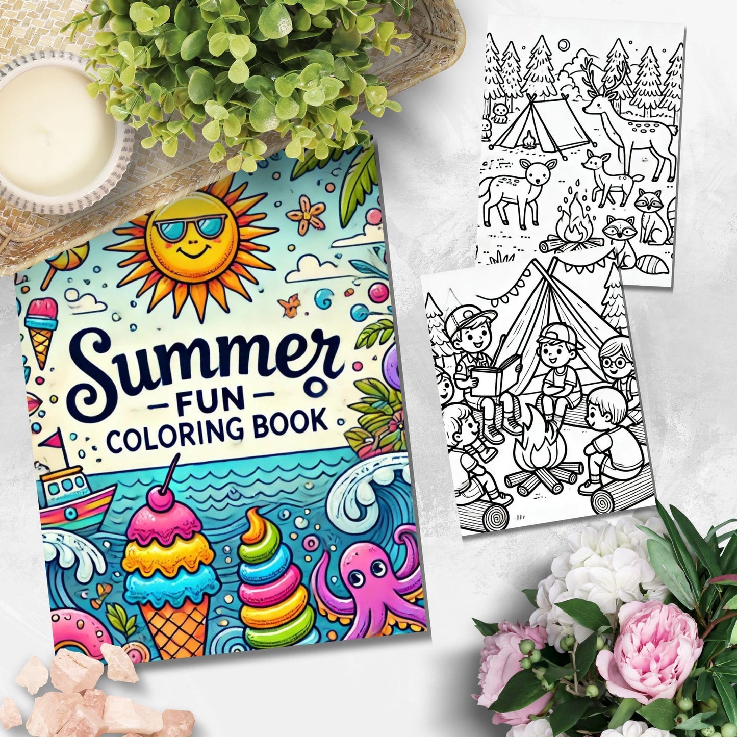 Printable childrens coloring book cover titled Coloring Book Camping Adventures with happy kids enjoying various camping activities, includes 10 pages.