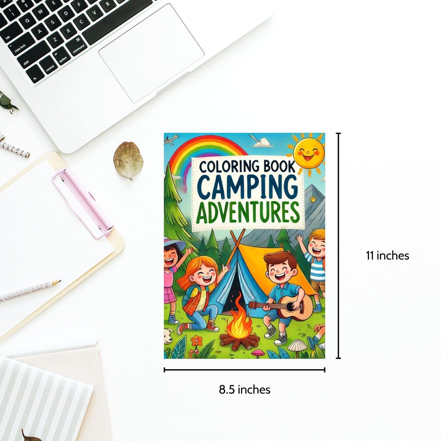 Printable childrens coloring book cover titled Coloring Book Camping Adventures with happy kids enjoying various camping activities, includes 10 pages.