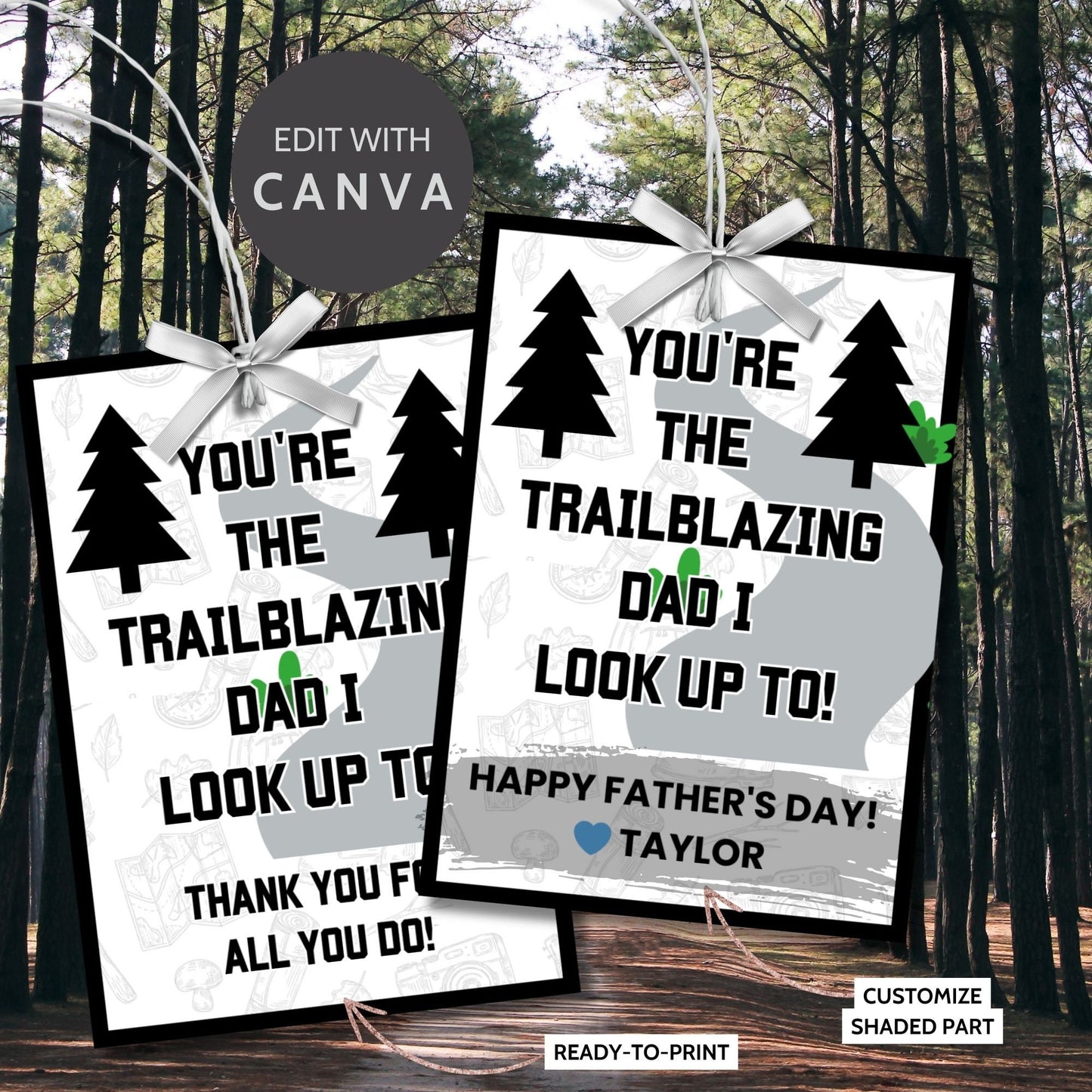 Eight trailblazing dad-themed Father's Day gift tags displayed in two rows of four. Each tag features a message about dad being the trailblazing dad to look up to, with a customizable name slot.