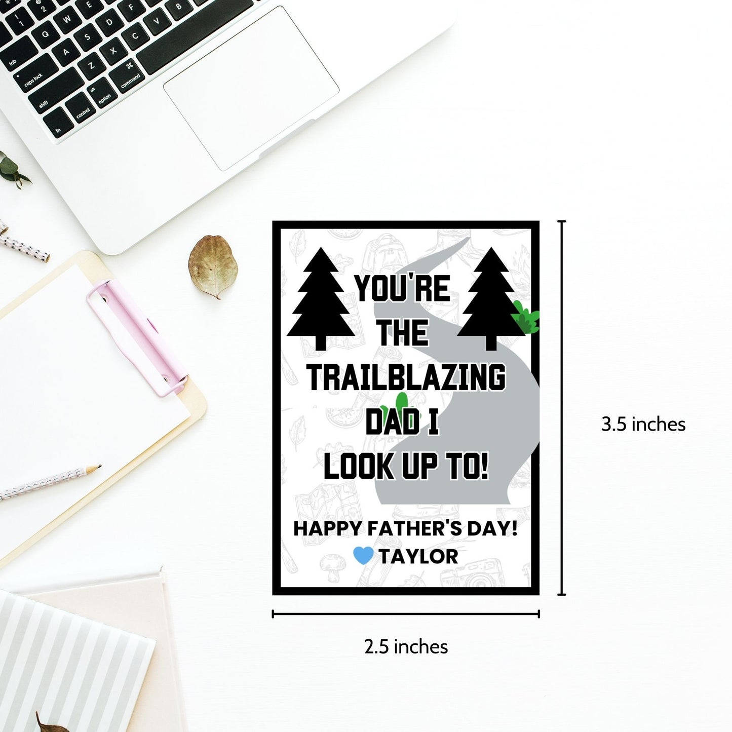 Eight trailblazing dad-themed Father's Day gift tags displayed in two rows of four. Each tag features a message about dad being the trailblazing dad to look up to, with a customizable name slot.