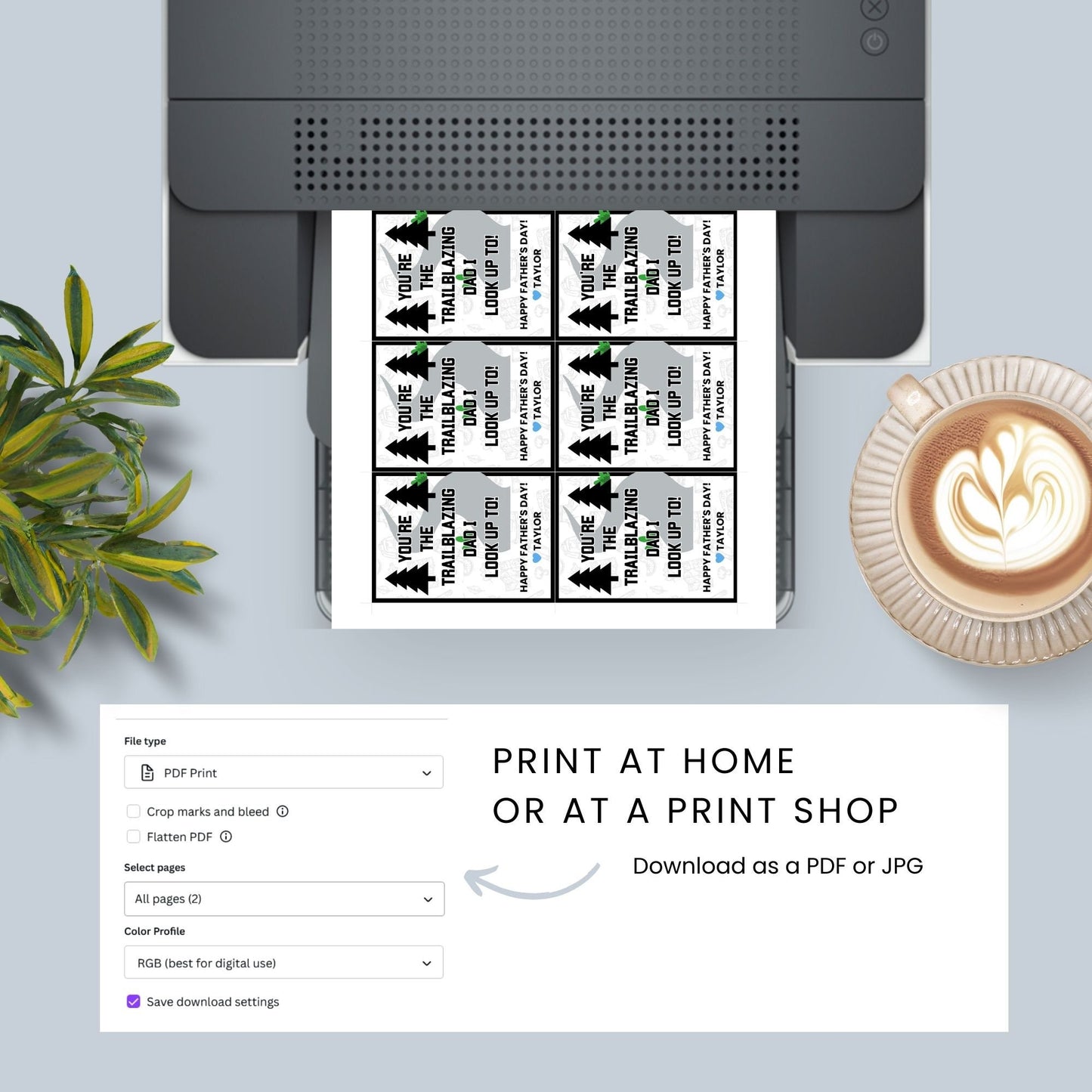 Eight trailblazing dad-themed Father's Day gift tags displayed in two rows of four. Each tag features a message about dad being the trailblazing dad to look up to, with a customizable name slot.