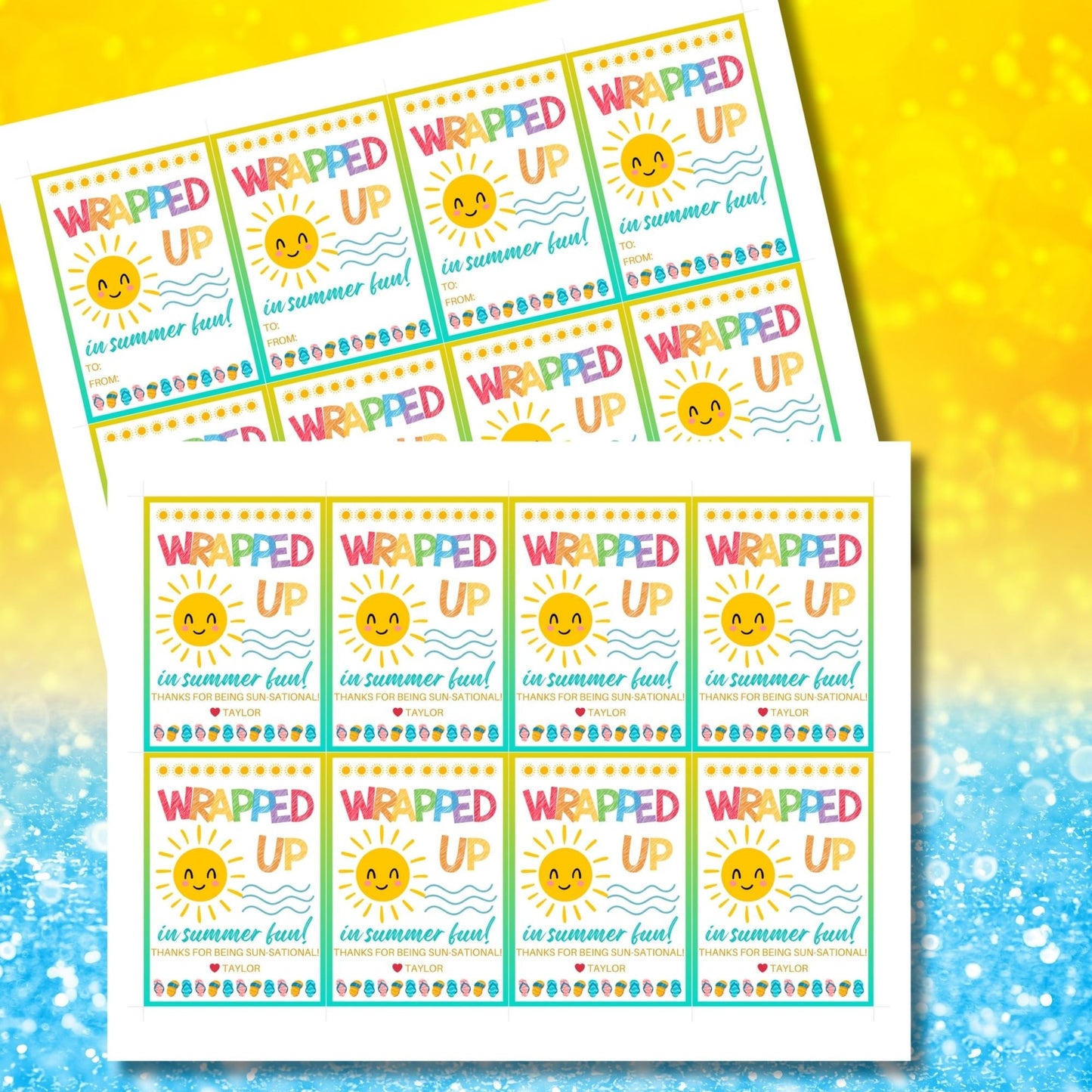Cheerful summer gift tags featuring a smiling sun and colorful text that reads Wrapped Up in Summer Fun! Have a Dazzling Summer!
