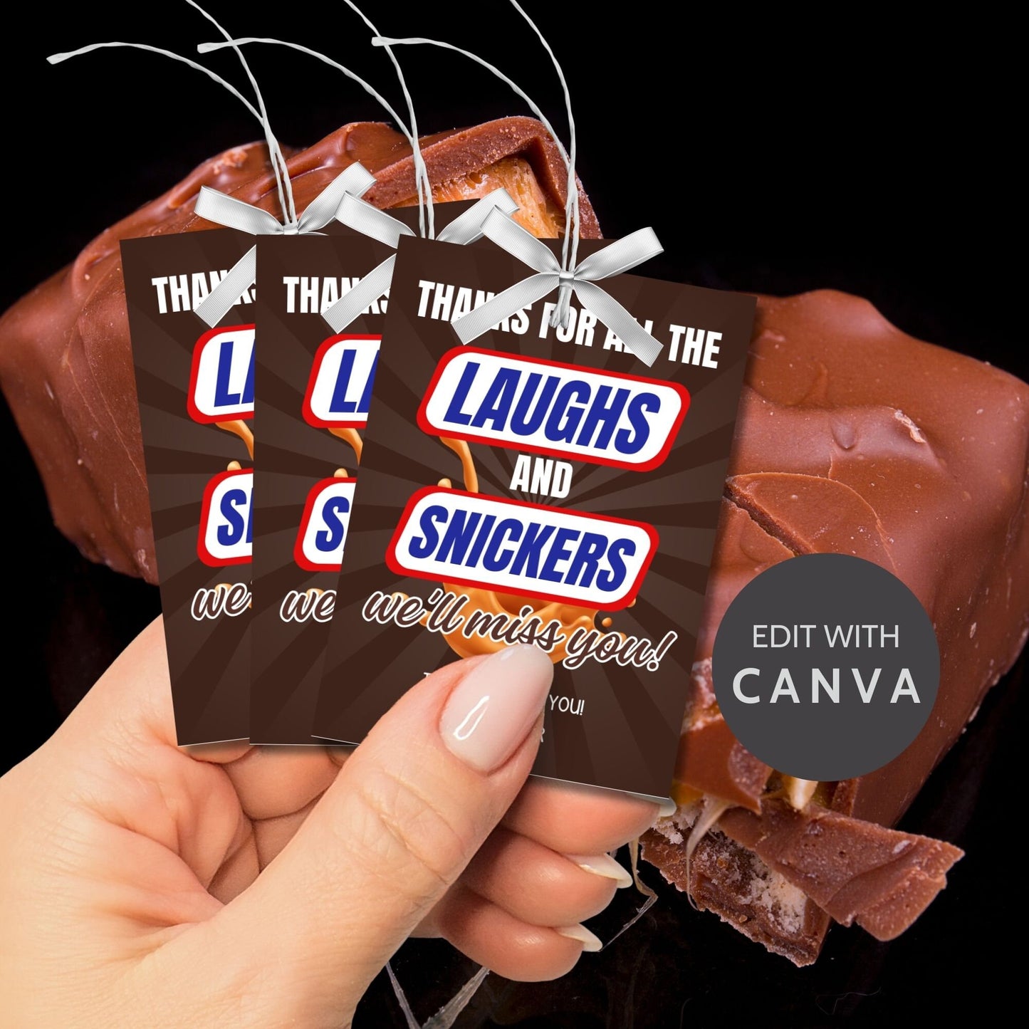 Farewell Snickers candy tags reading Thanks for all the laughs and Snickers, well miss you, perfect for teachers, staff, employees, bus drivers. Printable and editable for personalized goodbyes. Download and print for heartfelt appreciation gifts.