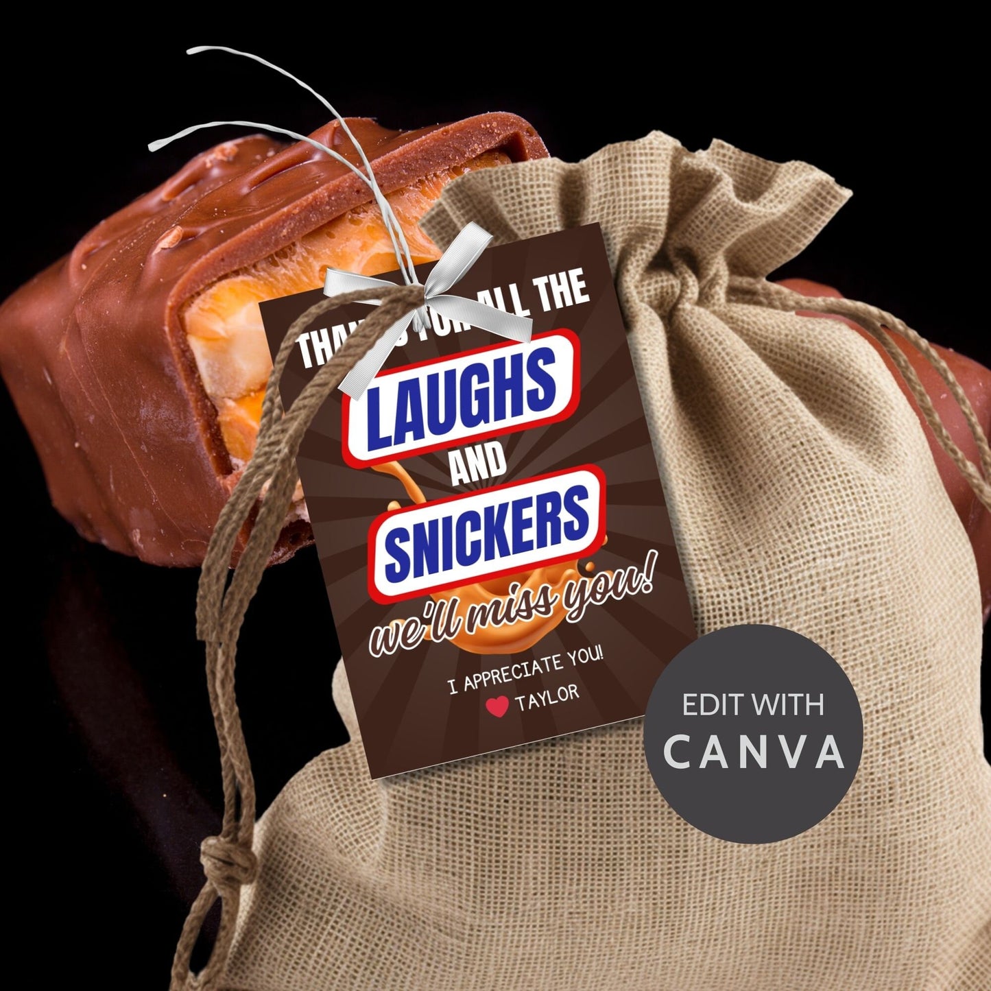 Farewell Snickers candy tags reading Thanks for all the laughs and Snickers, well miss you, perfect for teachers, staff, employees, bus drivers. Printable and editable for personalized goodbyes. Download and print for heartfelt appreciation gifts.