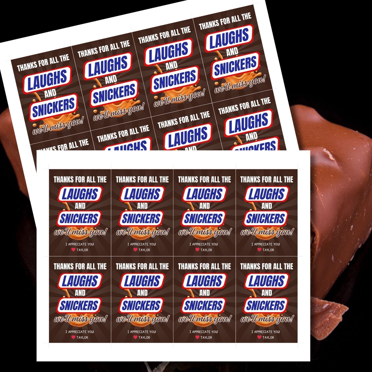 Farewell Snickers candy tags reading Thanks for all the laughs and Snickers, well miss you, perfect for teachers, staff, employees, bus drivers. Printable and editable for personalized goodbyes. Download and print for heartfelt appreciation gifts.