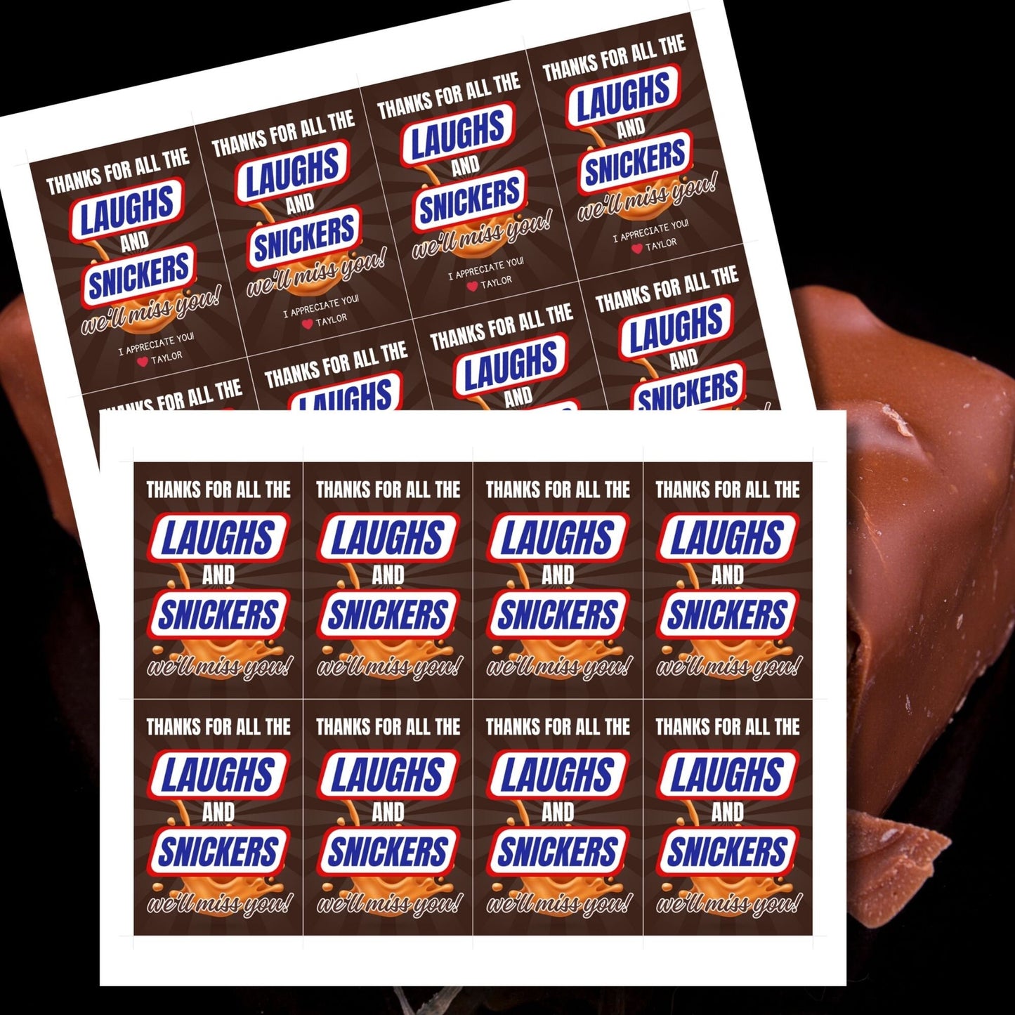 Farewell Snickers candy tags reading Thanks for all the laughs and Snickers, well miss you, perfect for teachers, staff, employees, bus drivers. Printable and editable for personalized goodbyes. Download and print for heartfelt appreciation gifts.