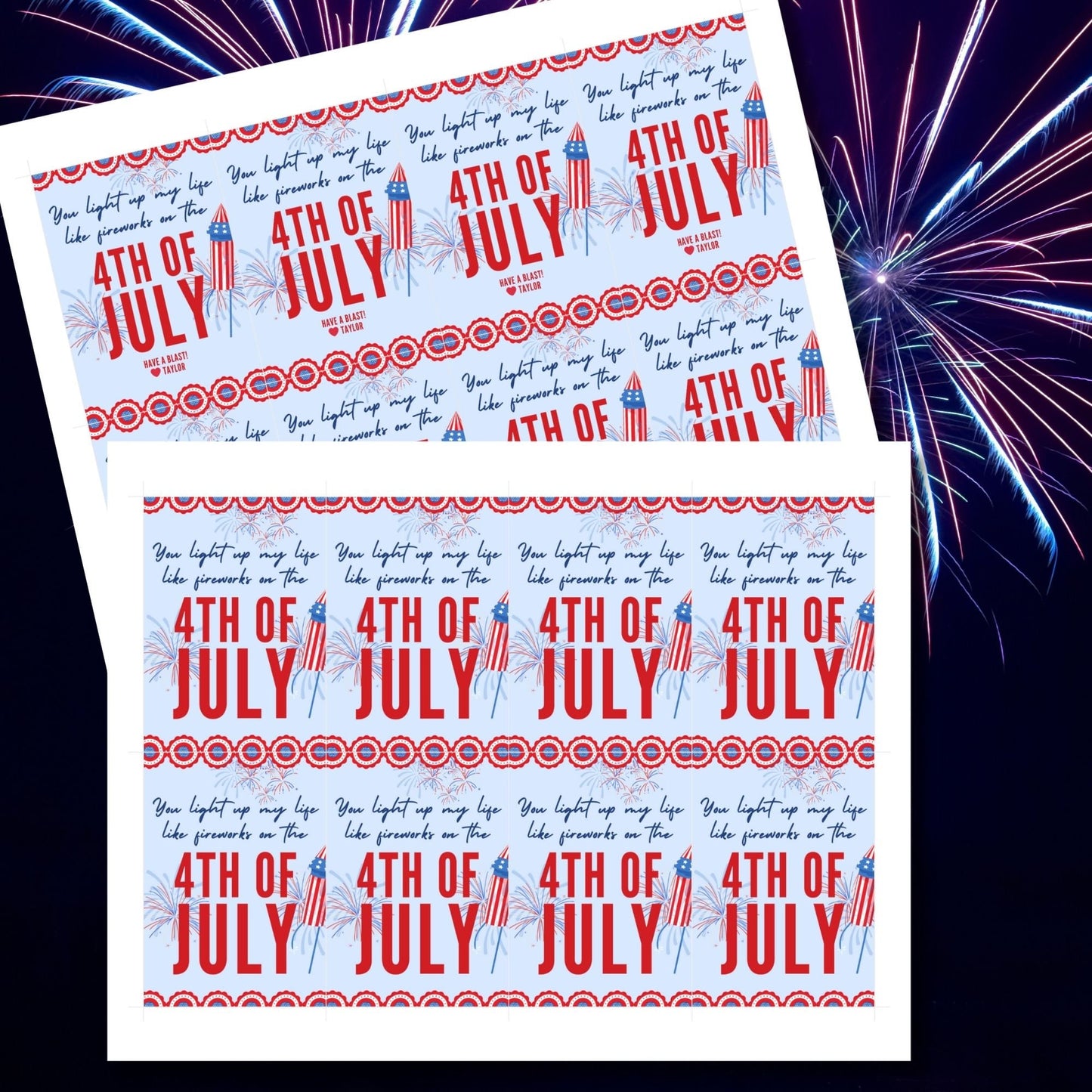 Festive 4th of July printable gift tags featuring patriotic colors, fireworks, and the message You Light Up My Life Like Fireworks on the 4th of July. Have a Blast! Perfect for party favors and gifts.