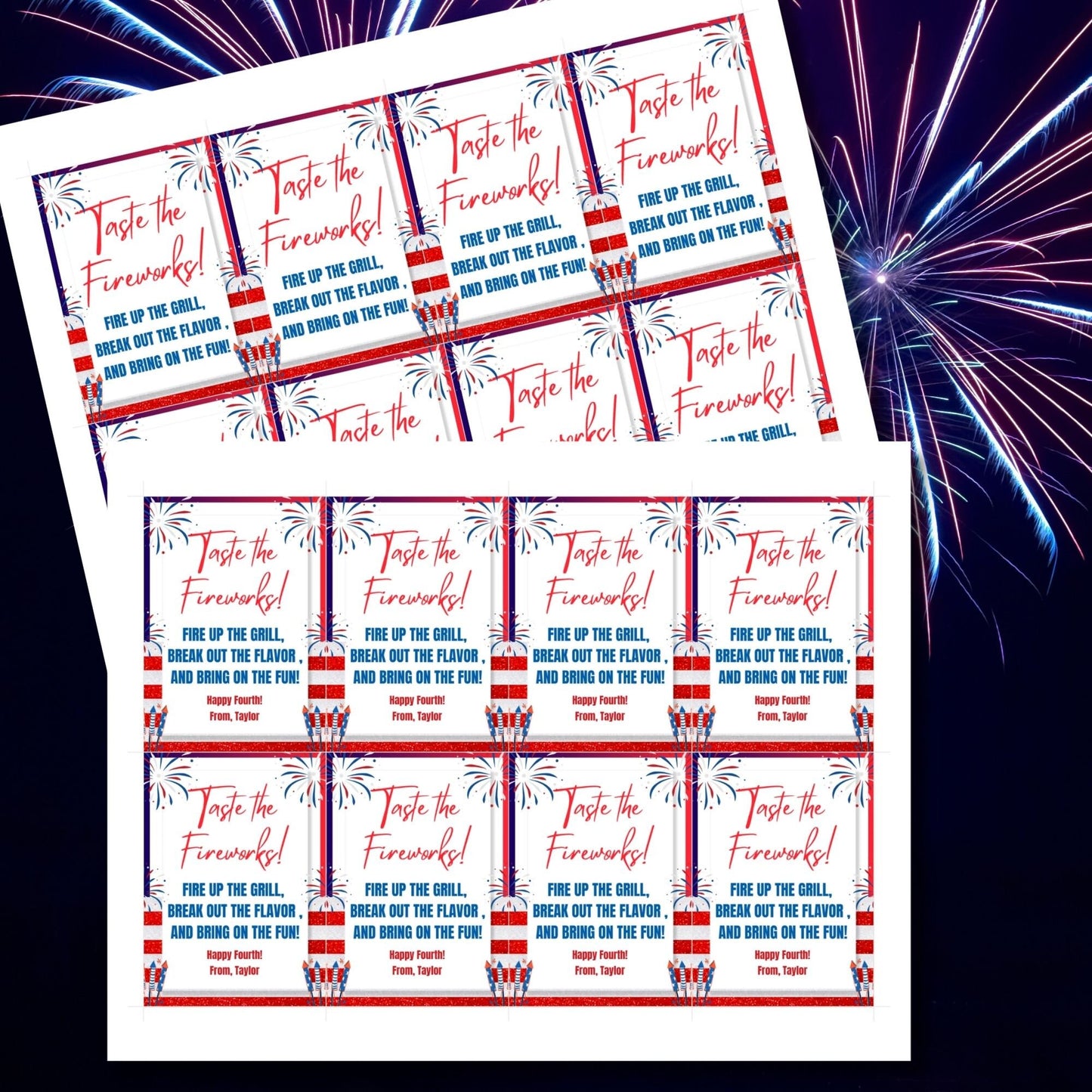 Festive 4th of July printable gift tags featuring patriotic colors, fireworks, and the message Taste the Fireworks! Fire Up the Grill, Break Out the Flavor, and Bring on the Fun! Happy Fourth!