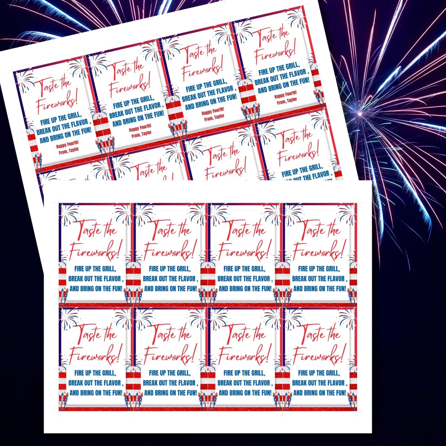 Festive 4th of July printable gift tags featuring patriotic colors, fireworks, and the message Taste the Fireworks! Fire Up the Grill, Break Out the Flavor, and Bring on the Fun! Happy Fourth!