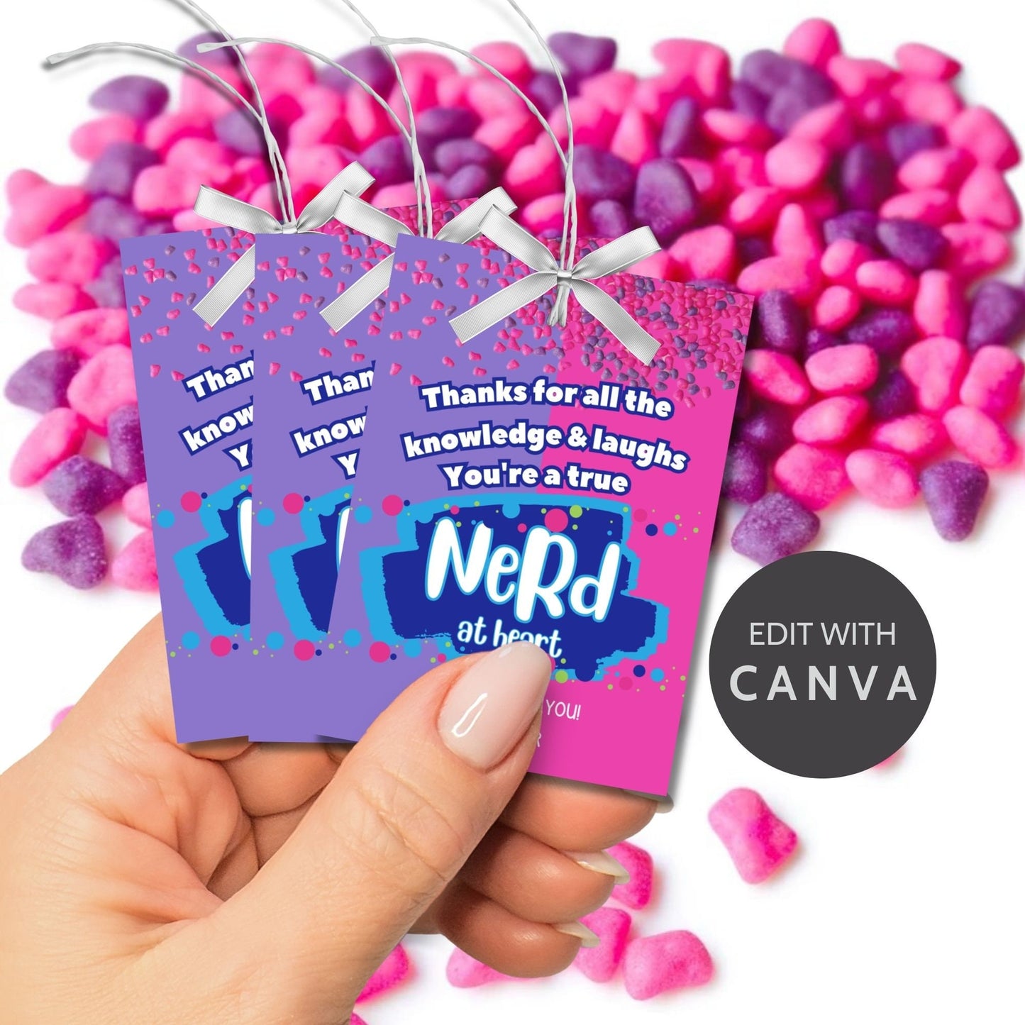 Farewell Nerds candy tags reading Thanks for all the knowledge and laughs. Youre a true Nerd at heart, perfect for teachers, staff, employees, bus drivers. Printable and editable for personalized goodbyes.