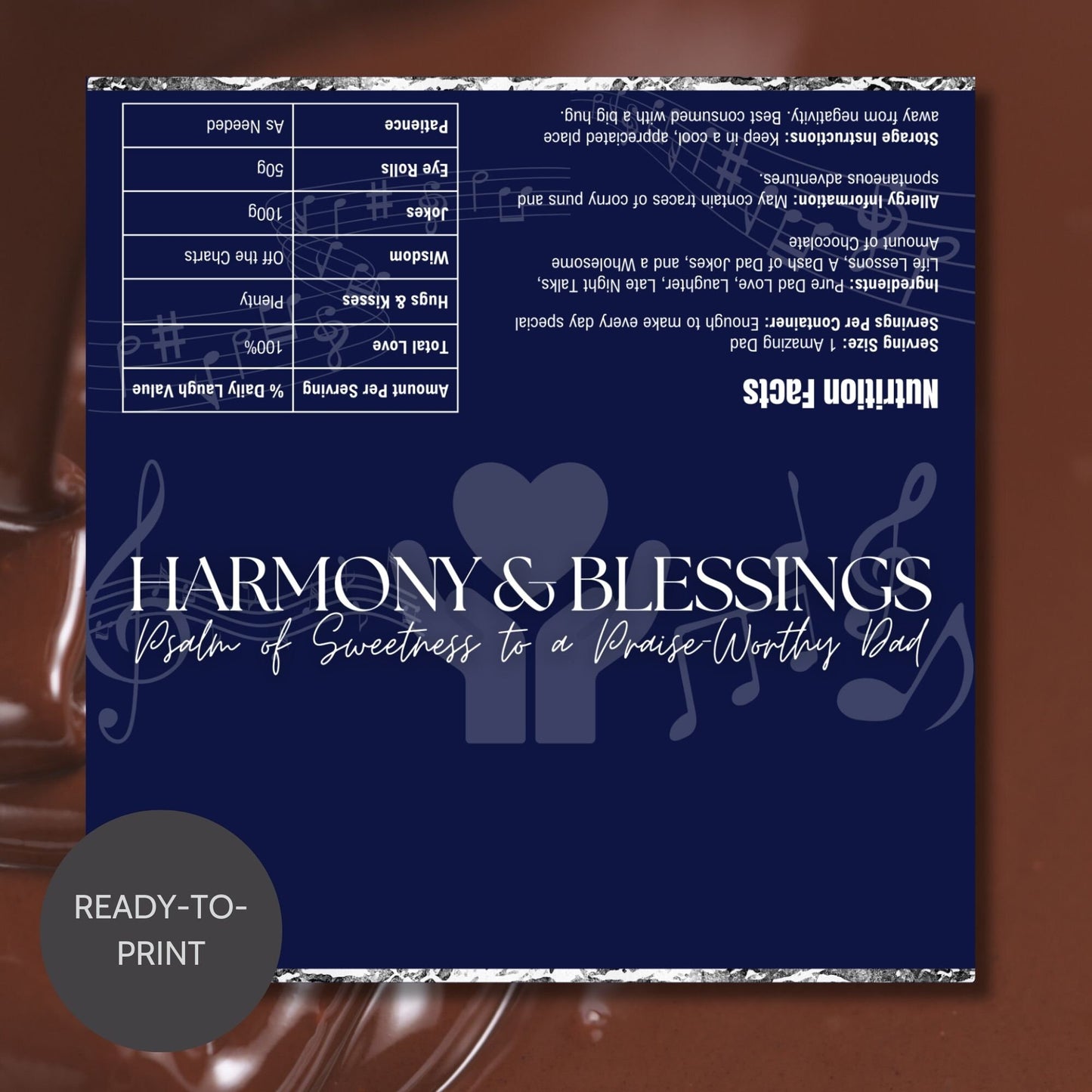 Image of a printable Fathers Day chocolate bar wrapper titled HARMONY & BLESSINGS, featuring a blue background with musical notes, and a message honoring a Praise-Worthy Dad.