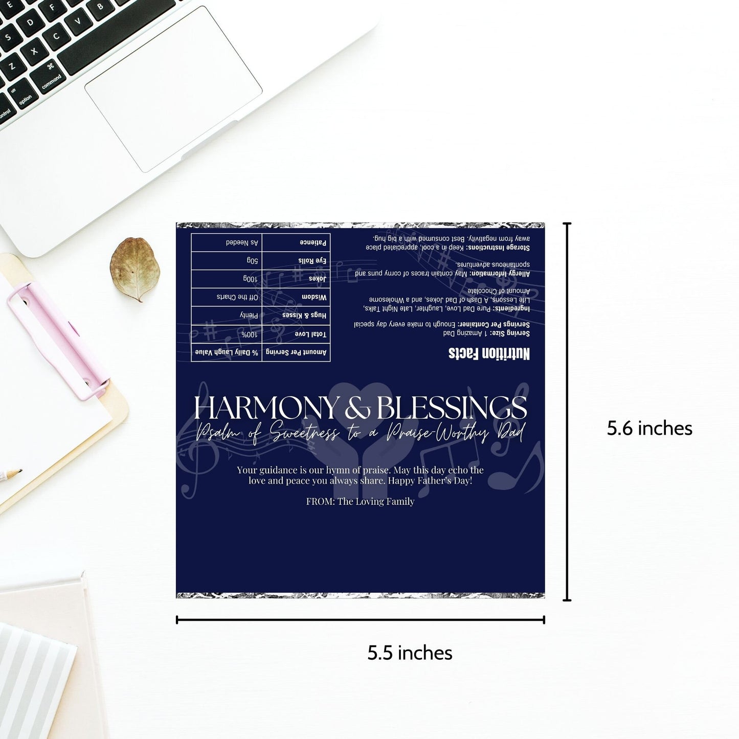 Image of a printable Fathers Day chocolate bar wrapper titled HARMONY & BLESSINGS, featuring a blue background with musical notes, and a message honoring a Praise-Worthy Dad.