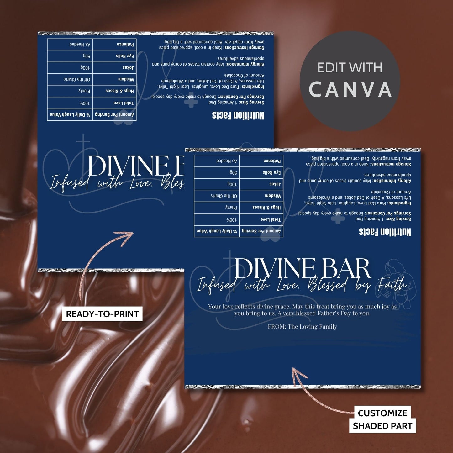 Image of a printable Fathers Day chocolate bar wrapper titled DIVINE BAR, featuring an elegant blue background with spiritual motifs, and a message that reads Infused with Love, Blessed by Faith.