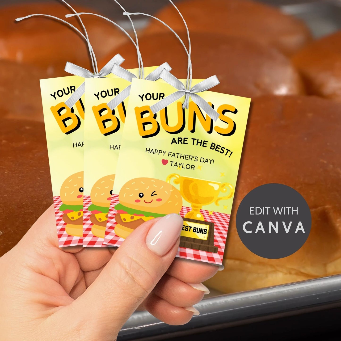 Eight buns-themed Fathers Day gift tags displayed in two rows of four. Each tag features a message about dad having the best buns, with a customizable name slot.