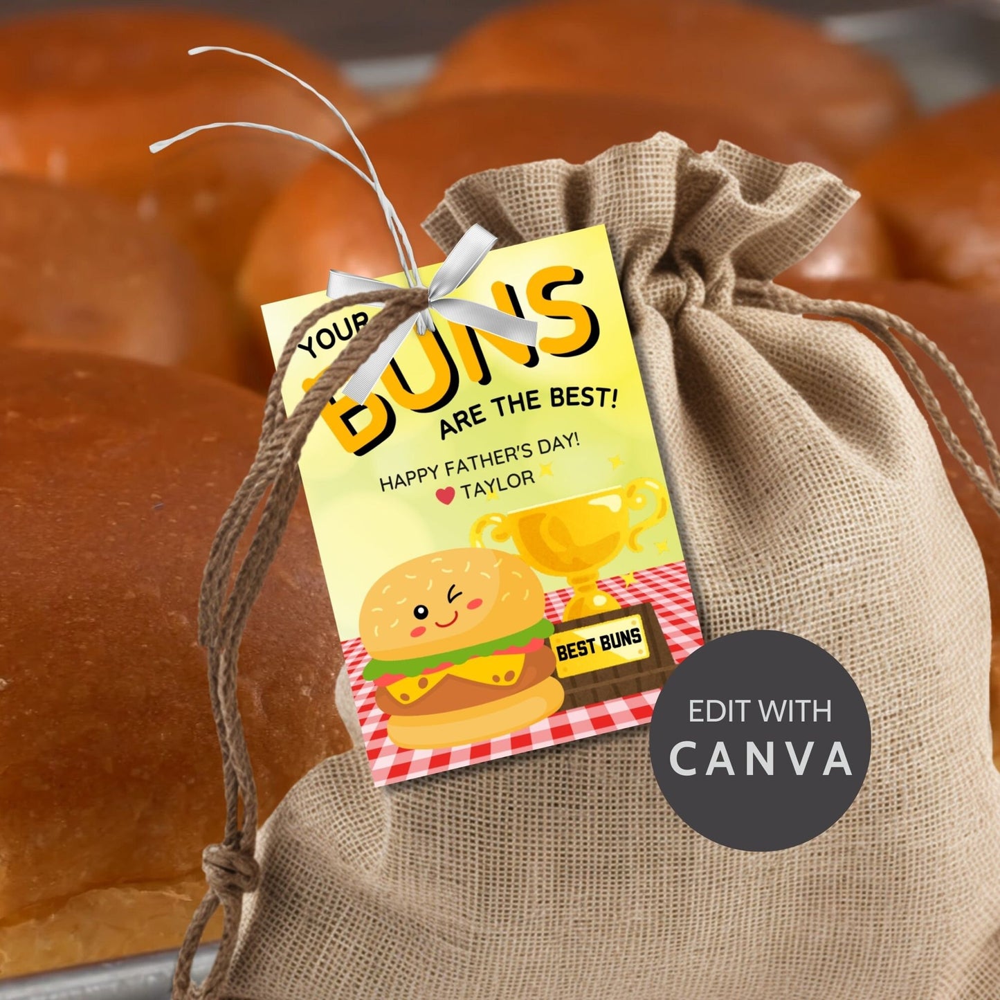 Eight buns-themed Fathers Day gift tags displayed in two rows of four. Each tag features a message about dad having the best buns, with a customizable name slot.