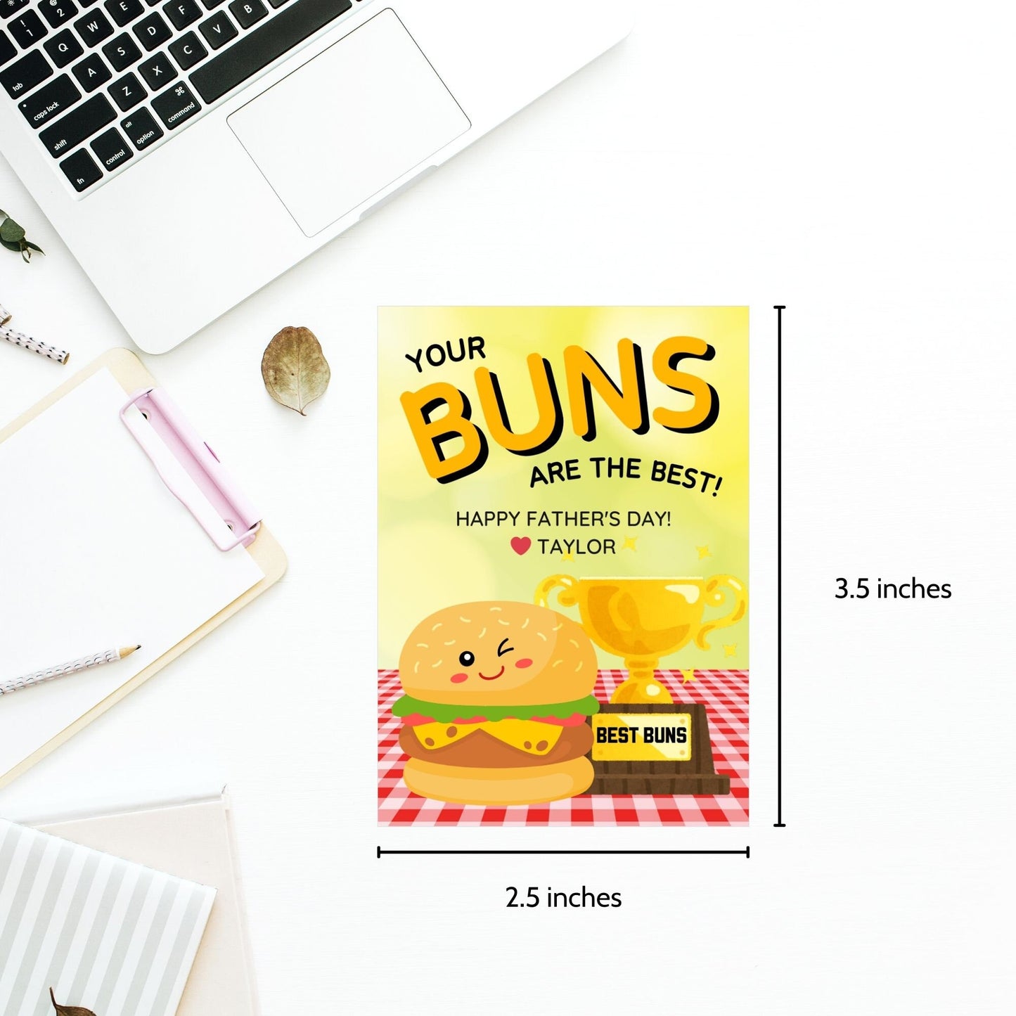 Eight buns-themed Fathers Day gift tags displayed in two rows of four. Each tag features a message about dad having the best buns, with a customizable name slot.
