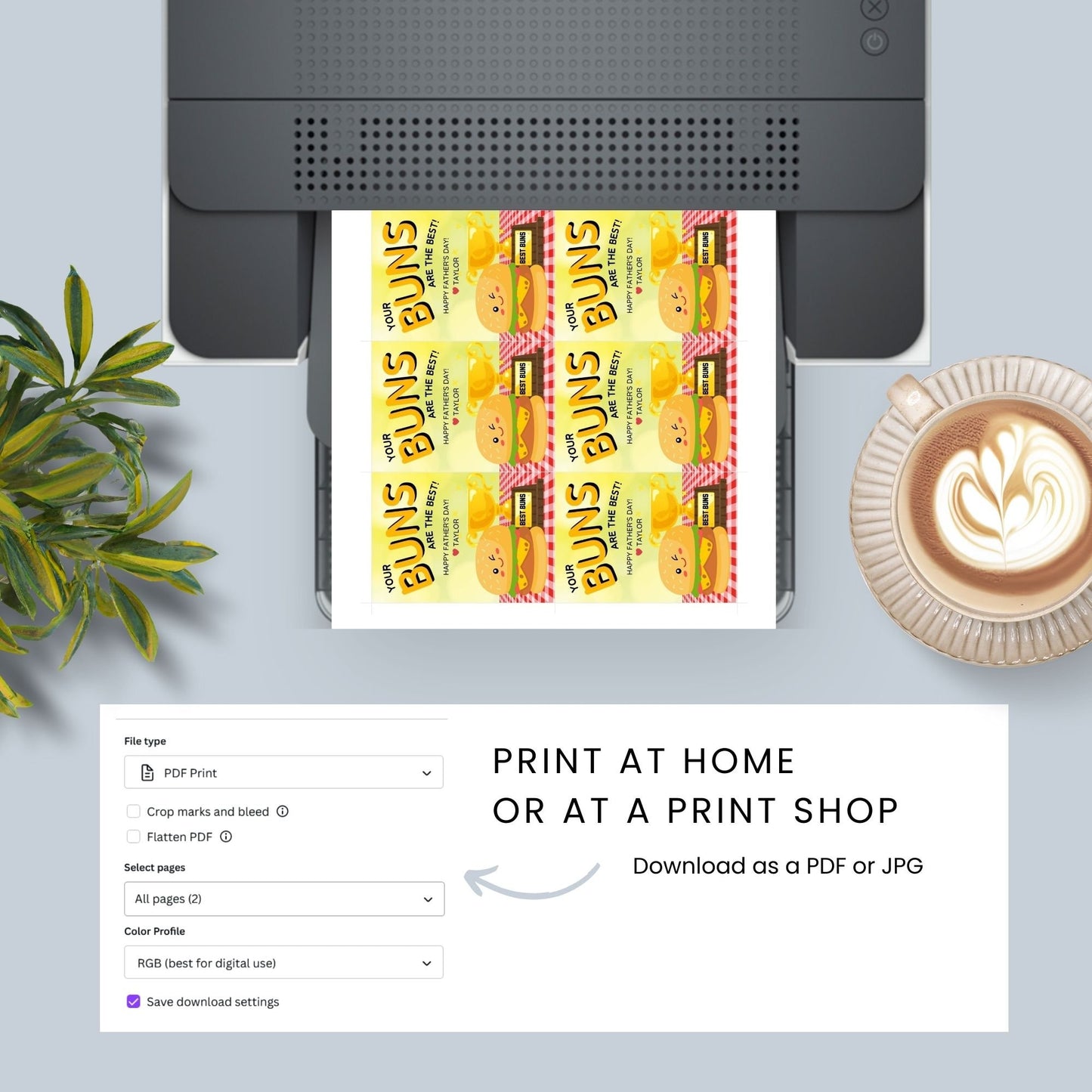 Eight buns-themed Fathers Day gift tags displayed in two rows of four. Each tag features a message about dad having the best buns, with a customizable name slot.