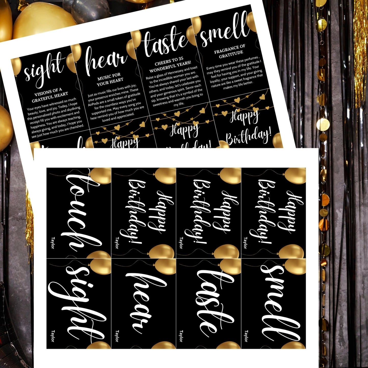 Elegant black and gold 5 Senses Birthday Gift Tags for teachers, nurses, employees, staff, bus drivers, and admin. Includes a PDF with an editable Canva template. Double-sided design with personalized descriptions and recipient's name.