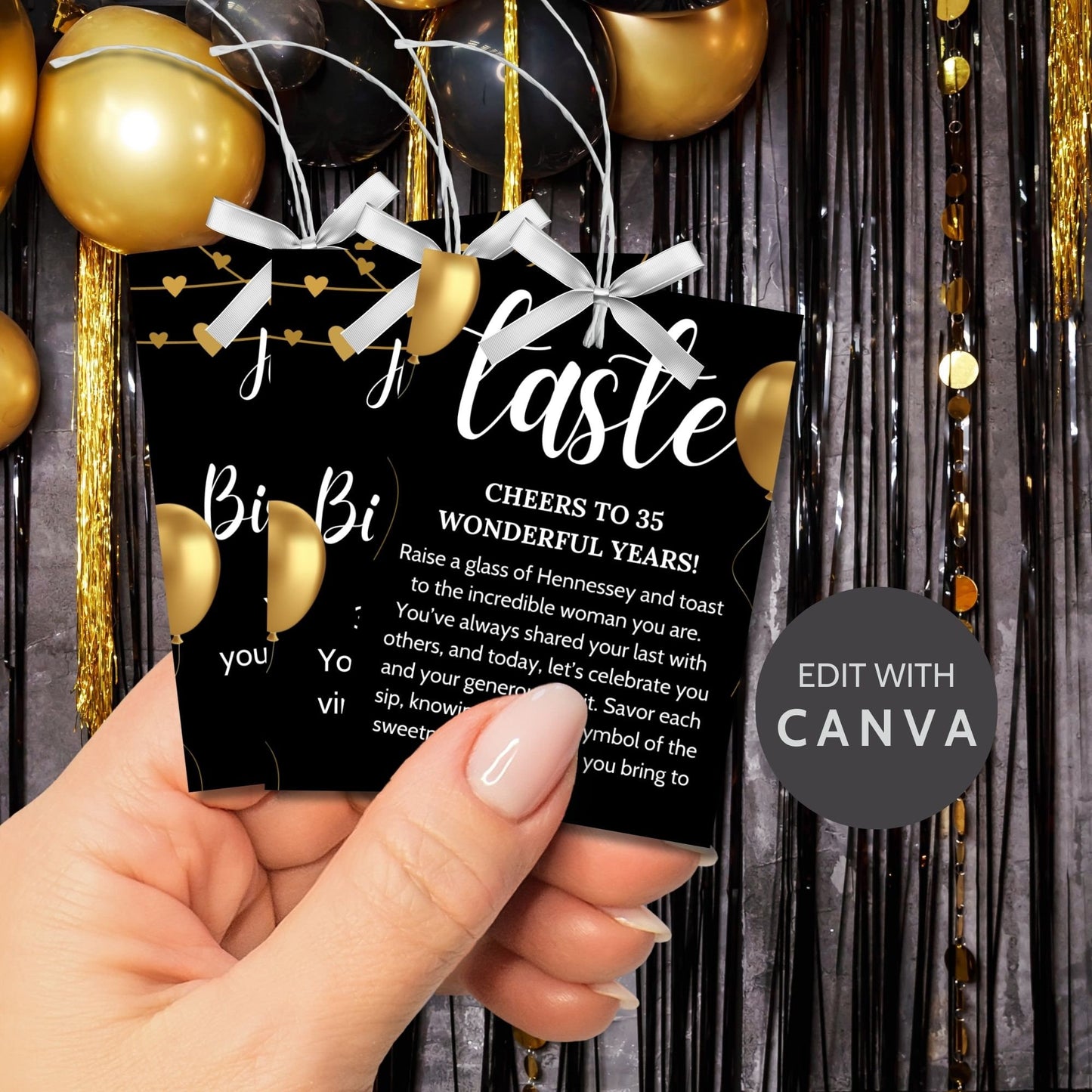 Elegant black and gold 5 Senses Birthday Gift Tags for teachers, nurses, employees, staff, bus drivers, and admin. Includes a PDF with an editable Canva template. Double-sided design with personalized descriptions and recipient's name.