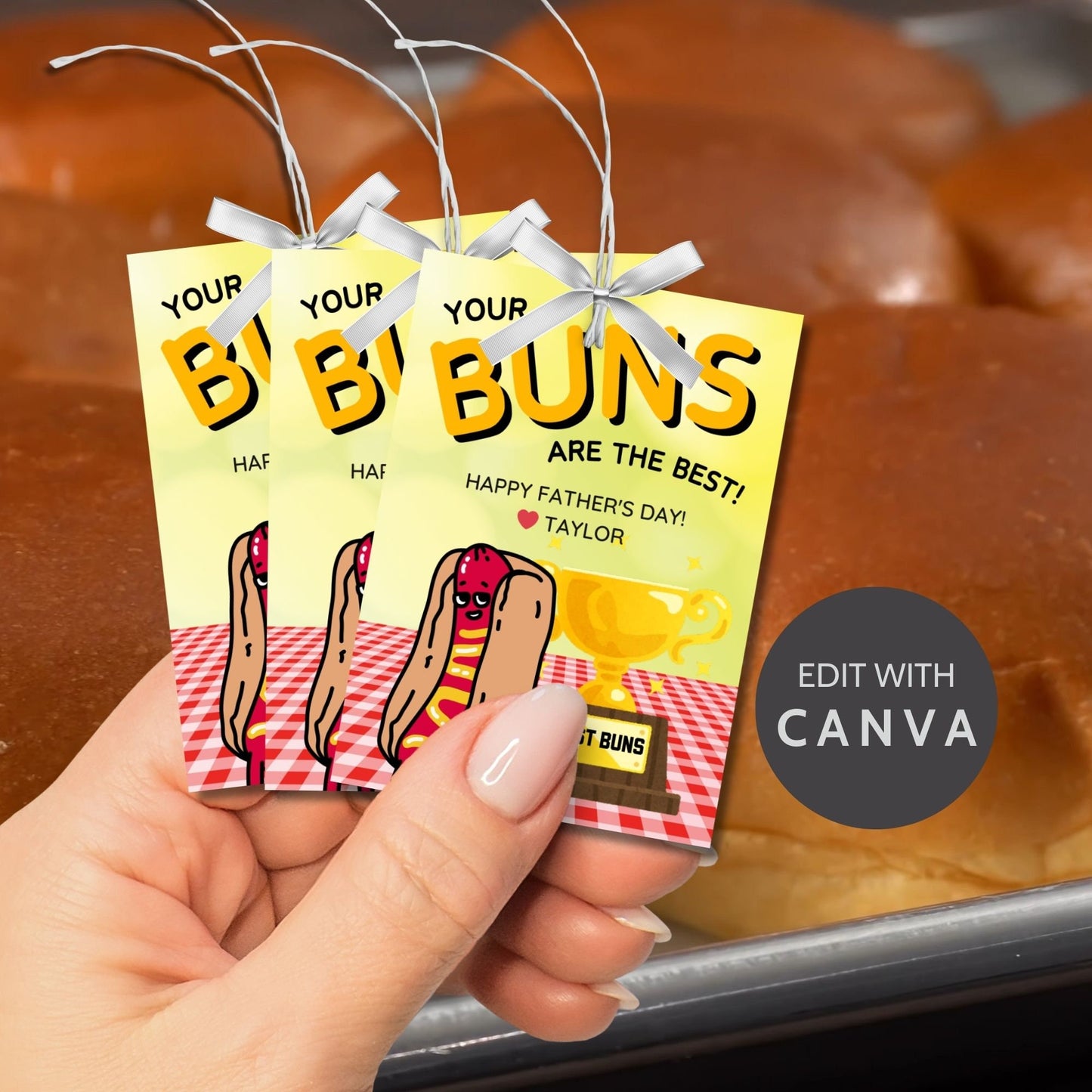 Eight buns-themed Fathers Day gift tags displayed in two rows of four. Each tag features a message about dad having the best buns, with a customizable name slot and an illustration of a hot dog with a Best Buns trophy.