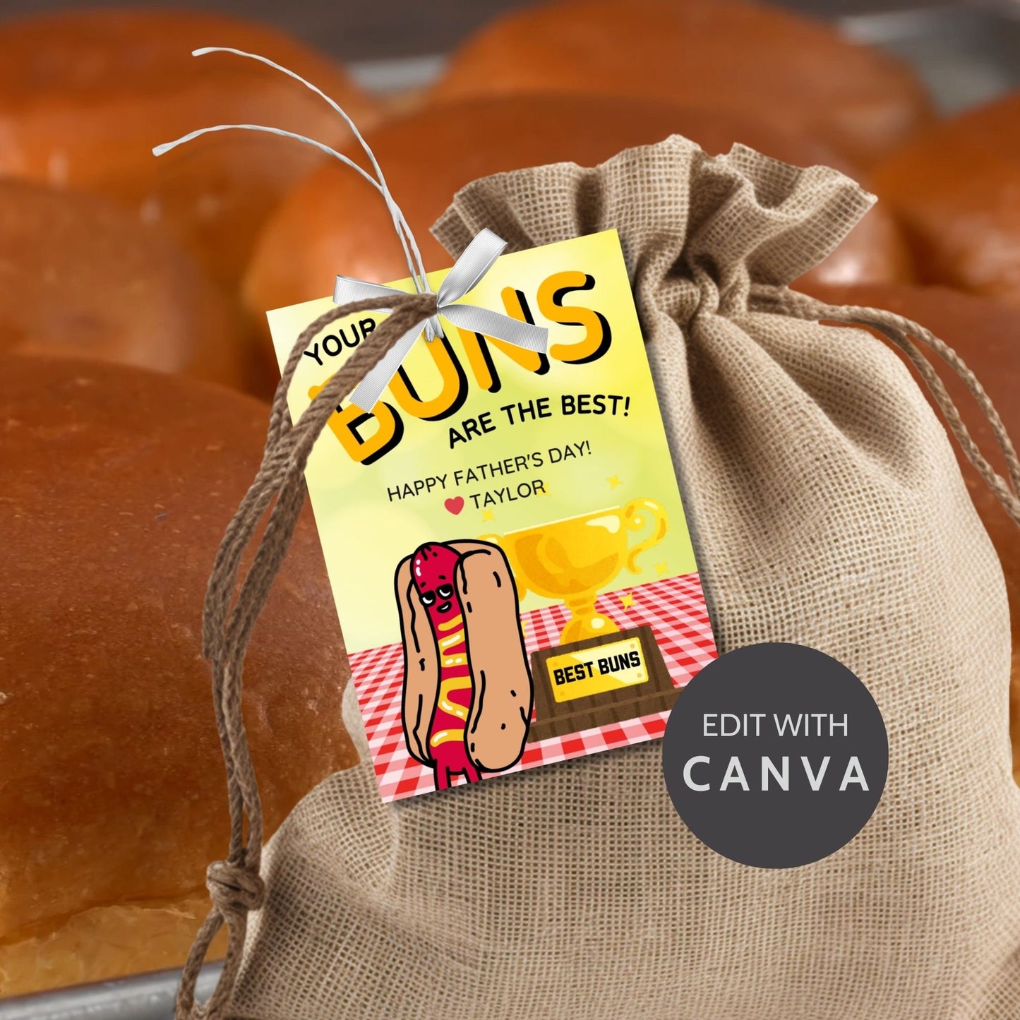 Eight buns-themed Fathers Day gift tags displayed in two rows of four. Each tag features a message about dad having the best buns, with a customizable name slot and an illustration of a hot dog with a Best Buns trophy.