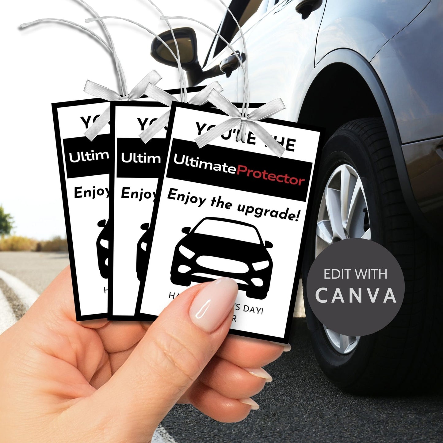 Eight WeatherTech-themed Fathers Day gift tags displayed in two rows of four. Each tag features a message about dad being the ultimate protector with a customizable name slot.