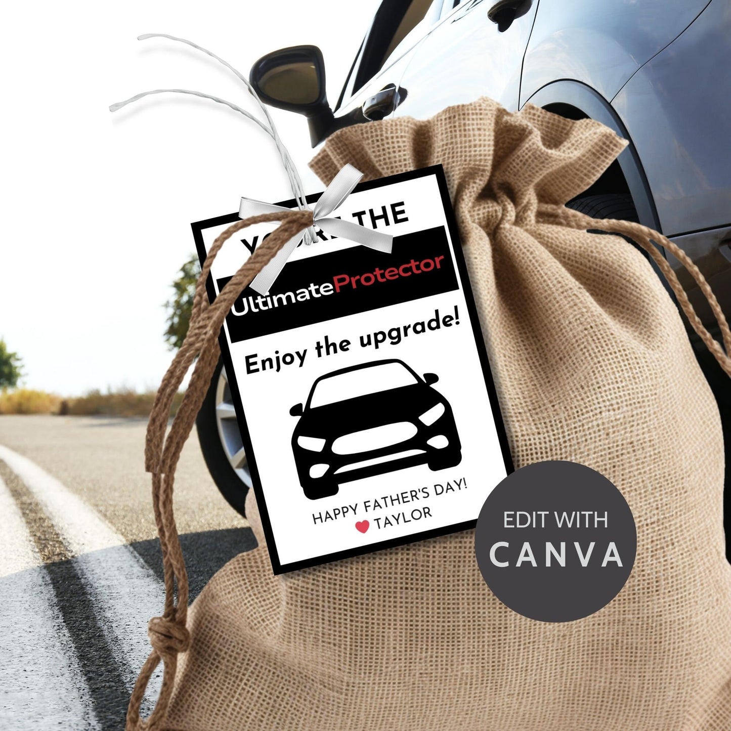Eight WeatherTech-themed Fathers Day gift tags displayed in two rows of four. Each tag features a message about dad being the ultimate protector with a customizable name slot.