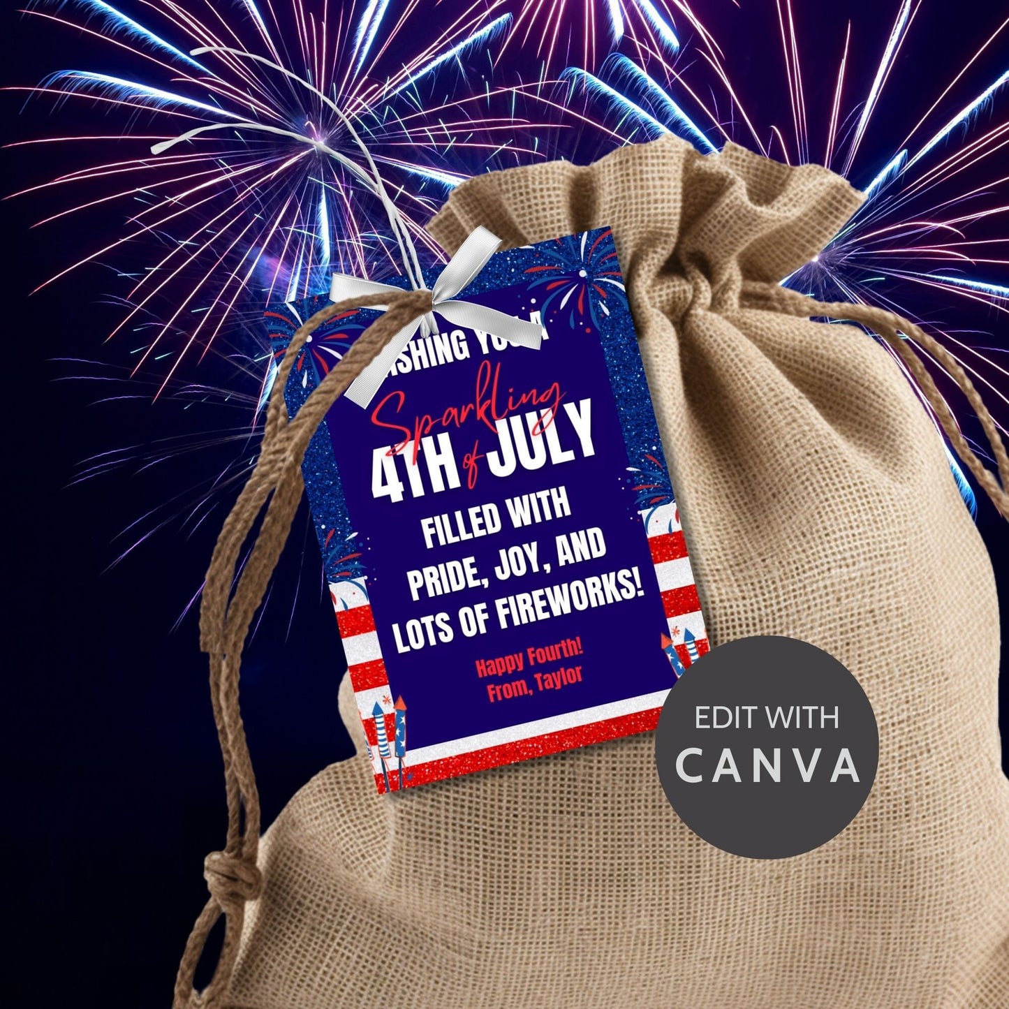 Festive 4th of July printable gift tags featuring patriotic colors, fireworks, and the message Wishing You a Sparkling 4th of July Filled with Pride, Joy, and Lots of Fireworks! Happy Fourth! Perfect for party favors and gifts.