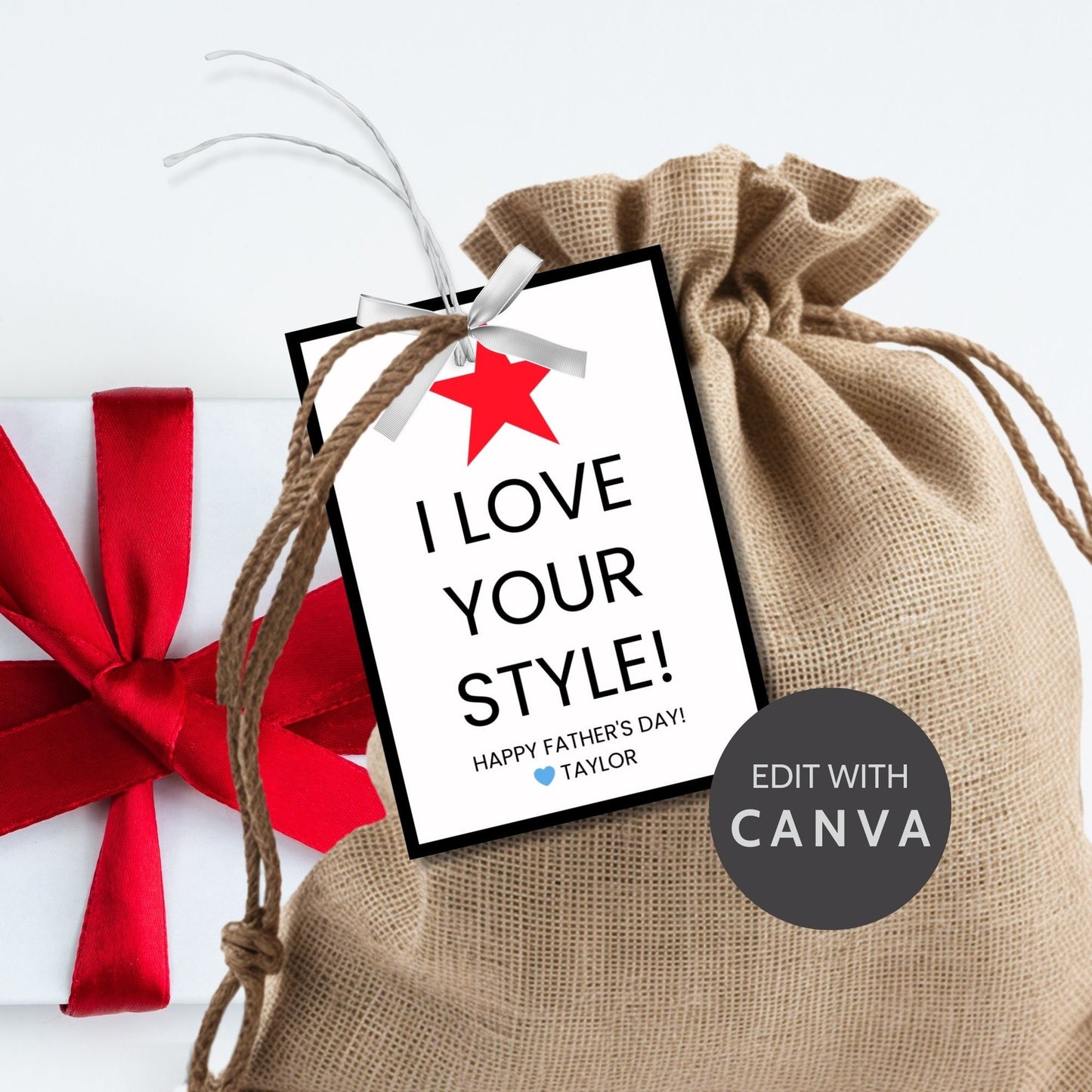 Eight Macys-themed Fathers Day gift tags displayed in two rows of four. Each tag features a message about loving dads style, with a customizable name slot and a red star icon.