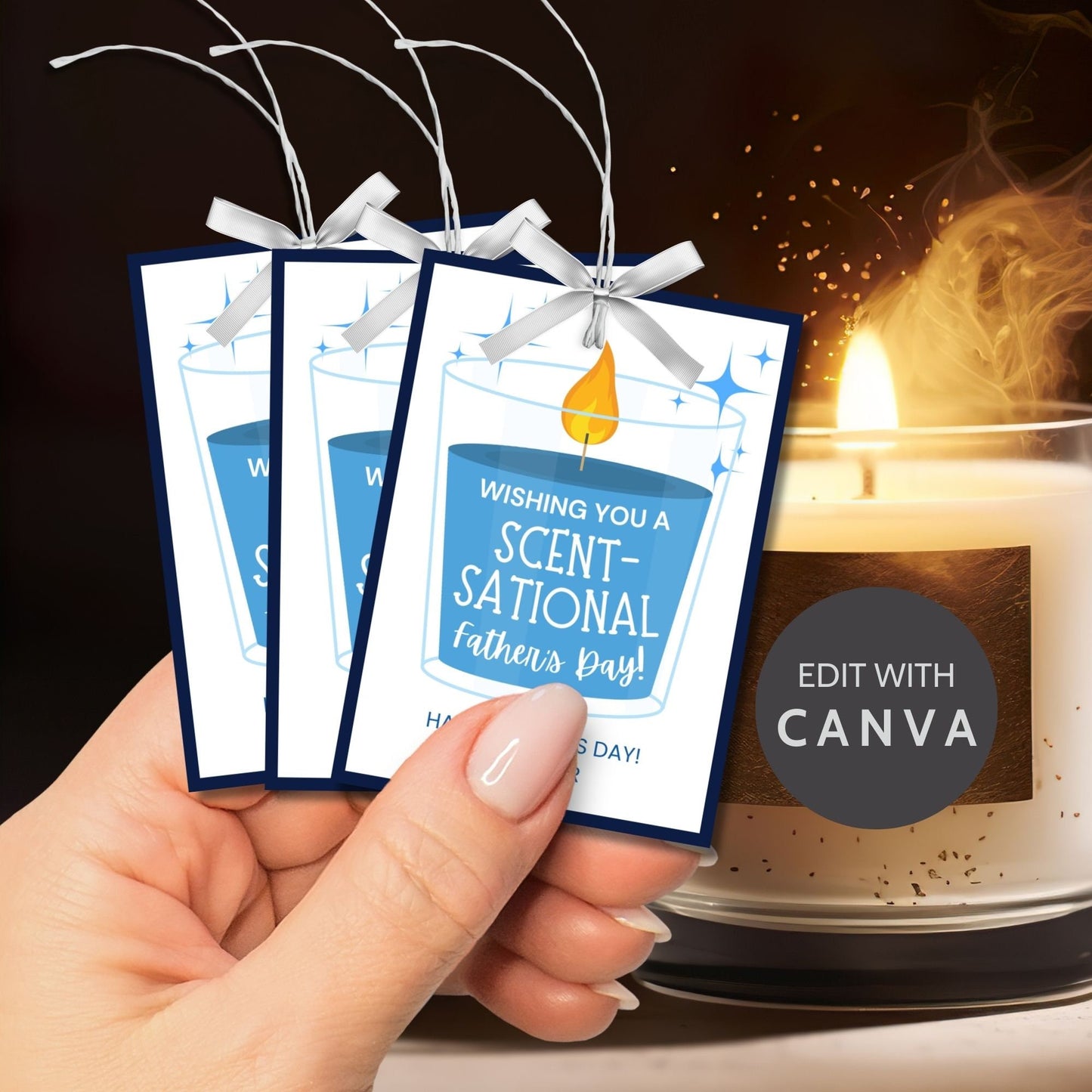 Eight candle-themed Fathers Day gift tags displayed in two rows of four. Each tag features a message about wishing dad a scent-sational Father's Day, with a customizable name slot and an illustration of a candle.