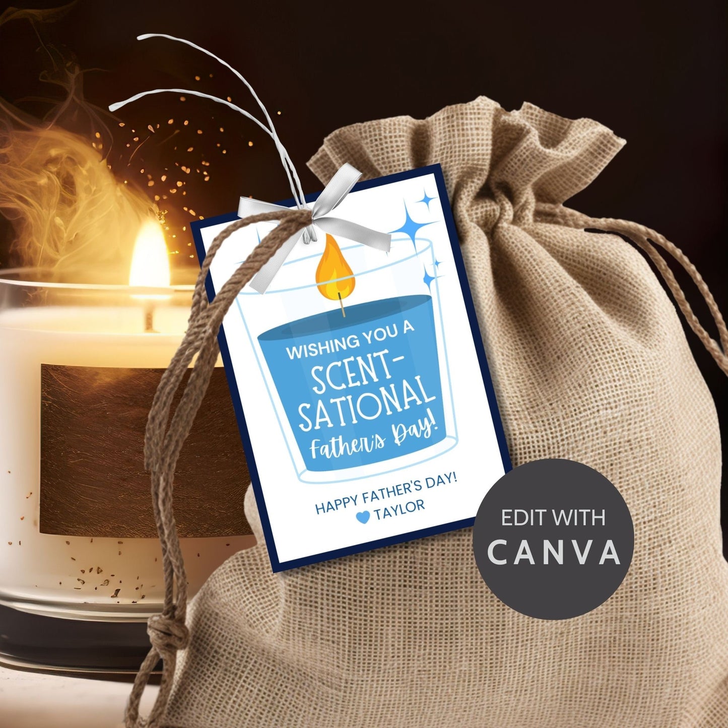 Eight candle-themed Fathers Day gift tags displayed in two rows of four. Each tag features a message about wishing dad a scent-sational Father's Day, with a customizable name slot and an illustration of a candle.