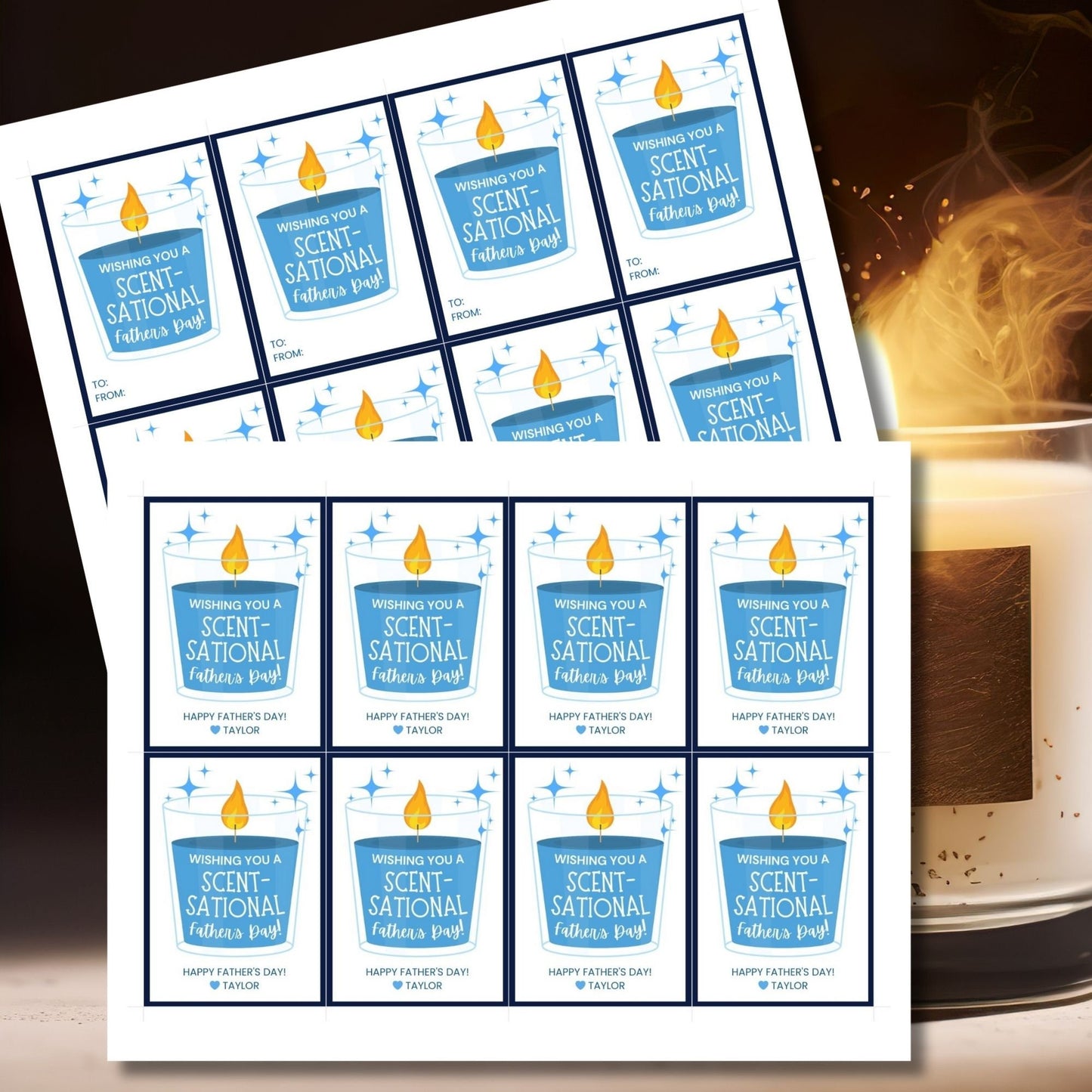 Eight candle-themed Fathers Day gift tags displayed in two rows of four. Each tag features a message about wishing dad a scent-sational Father's Day, with a customizable name slot and an illustration of a candle.