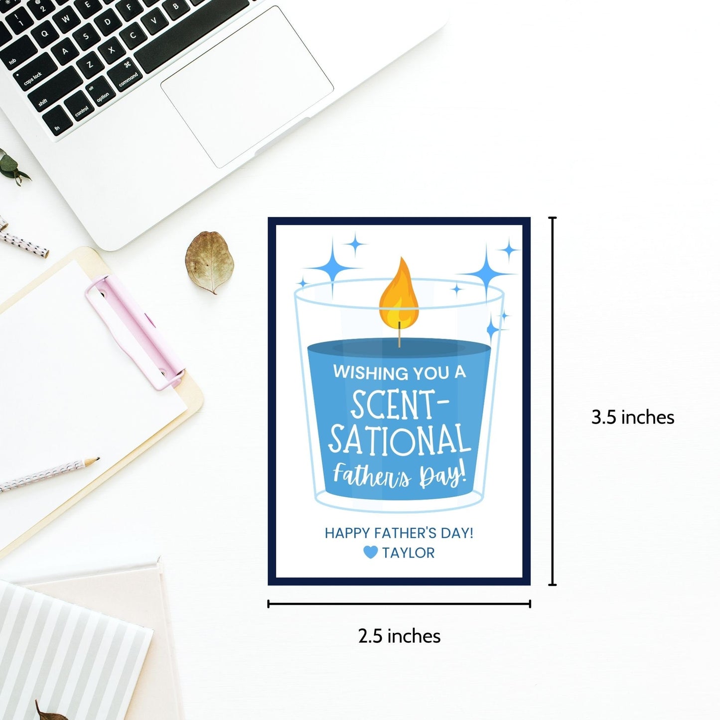 Eight candle-themed Fathers Day gift tags displayed in two rows of four. Each tag features a message about wishing dad a scent-sational Father's Day, with a customizable name slot and an illustration of a candle.